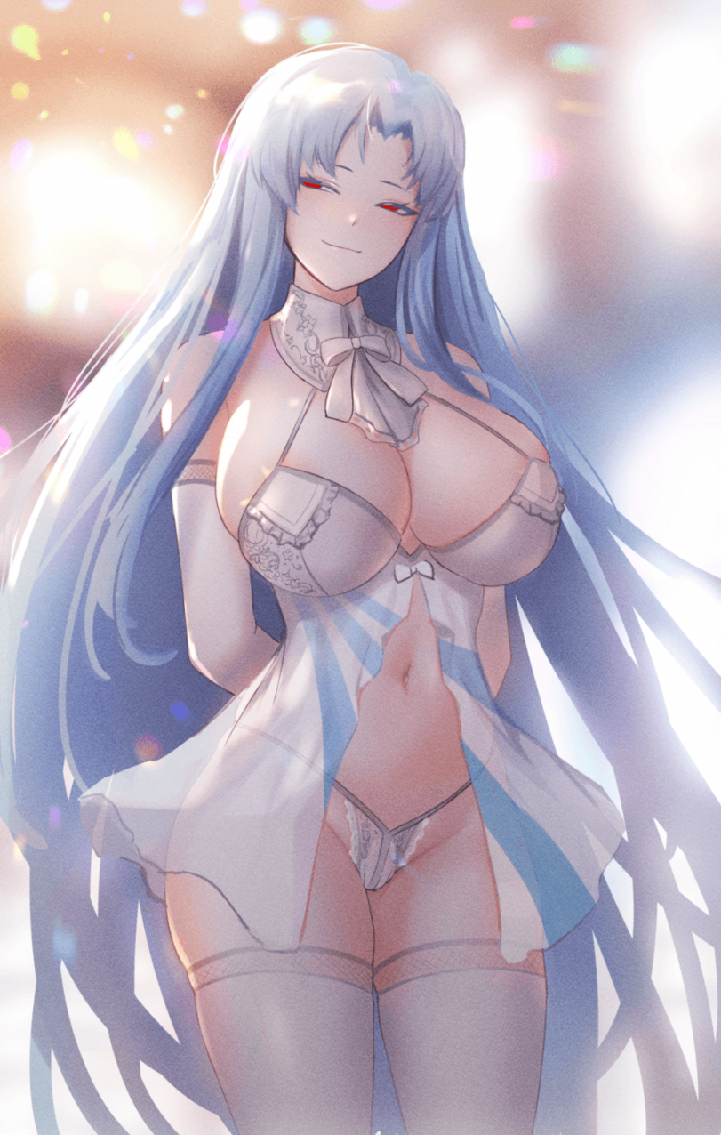 angela angela_(lobotomy_corporation) barely_visible_areola blue_hair female female_only fully_clothed library_of_ruina lingerie lobotomy_corporation long_gloves no_sex pastel portrait project_moon red_eyes smiling smug solo_female tagme tjaro white_lingerie white_skin