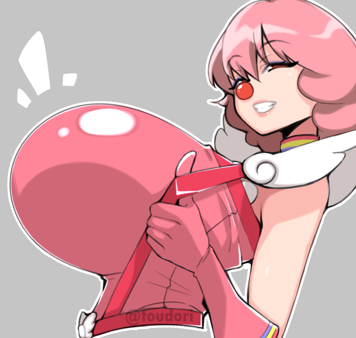 1girls, 2022, big breasts, breasts, breasts bigger than head, clothed, clown, clown girl, clown nose, clussy, fake breasts, female, geiru toneido, gloves, gyakuten saiban, pink hair, pink shirt, red eyes, shirt, short hair, solo, solo female, suspenders, toudori
