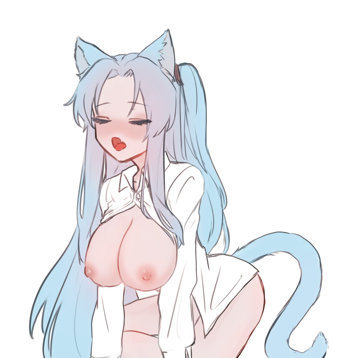 1girls, angela (lobotomy corporation), blue hair, breasts, cat ears, cat girl, catgirl, closed eyes, fangs, female, functionally nude, large breasts, library of ruina, lobotomy corporation, long hair, musha, nipples, open clothes, open mouth, project moon, side ponytail, solo, tail