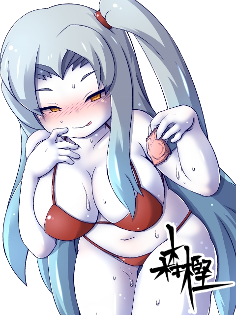 angela angela_(lobotomy_corporation) big_breasts bikini condom_wrapper female licking_lips lobotomy_corporation orion_steel project_moon red_bra red_panties seductive_look seductive_smile tagme white_skin