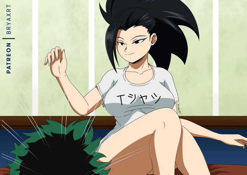 1boy black_hair bryaxrt female green_hair izuku_midoriya momo_yaoyorozu motion_lines my_hero_academia sitting slap smile smirk t-shirt