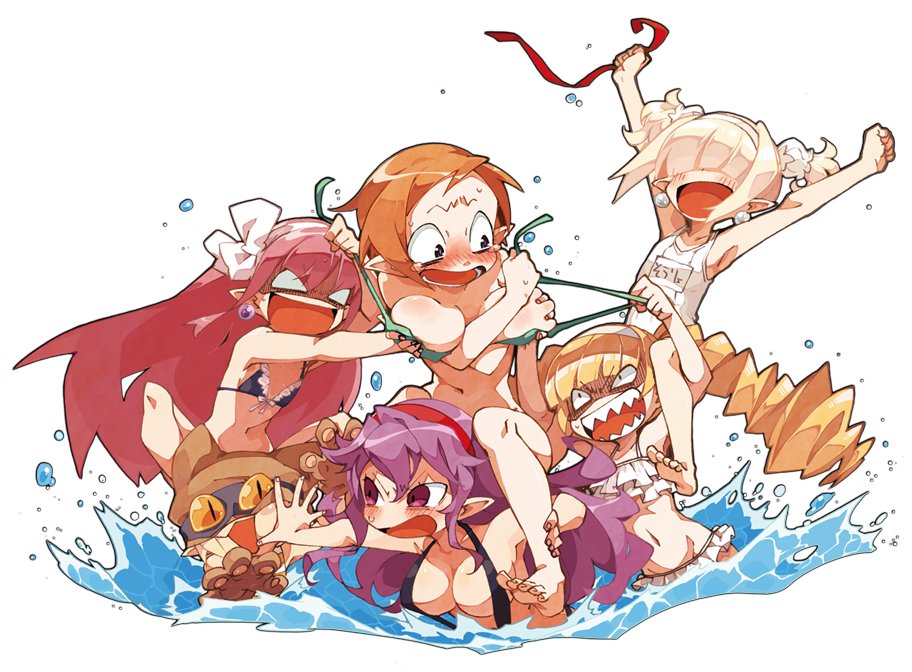 archer_(disgaea) armor_knight_(disgaea) assisted_exposure bikini bikini_bottom bikini_top blush breasts covering_breasts disgaea disgaea_5 embarrassed groping groping_breasts harada_takehito large_breasts mage_(disgaea) magic_knight_(disgaea) male_healer_(disgaea) nippon_ichi_software official_art one-piece_swimsuit small_breasts stealing_clothes swimsuit thief_(disgaea)