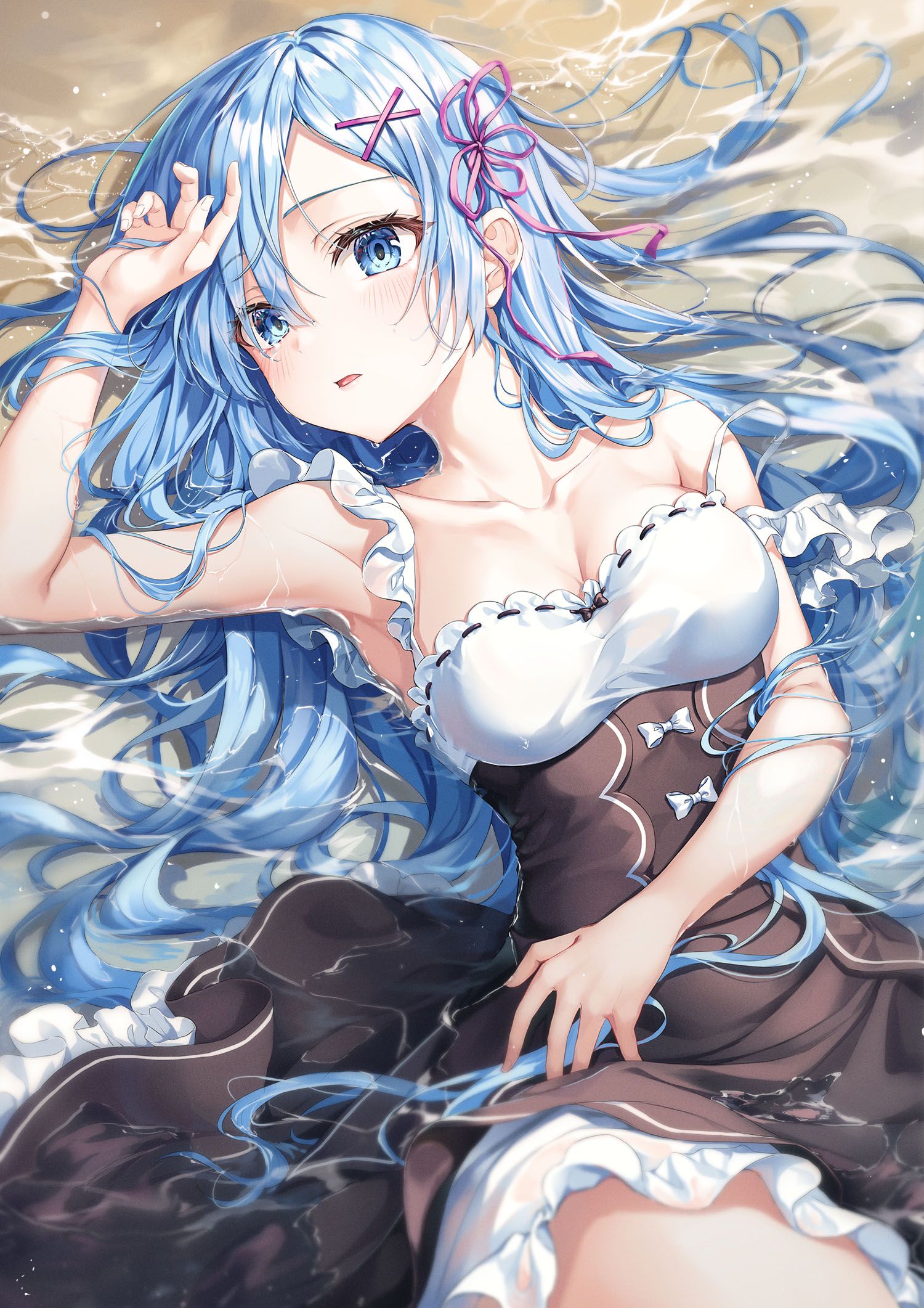 blue eyes, blue hair, breasts, female, female focus, hair ornament, in water, maid, maid uniform, re:zero kara hajimeru isekai seikatsu, rem (re:zero), roha, wet