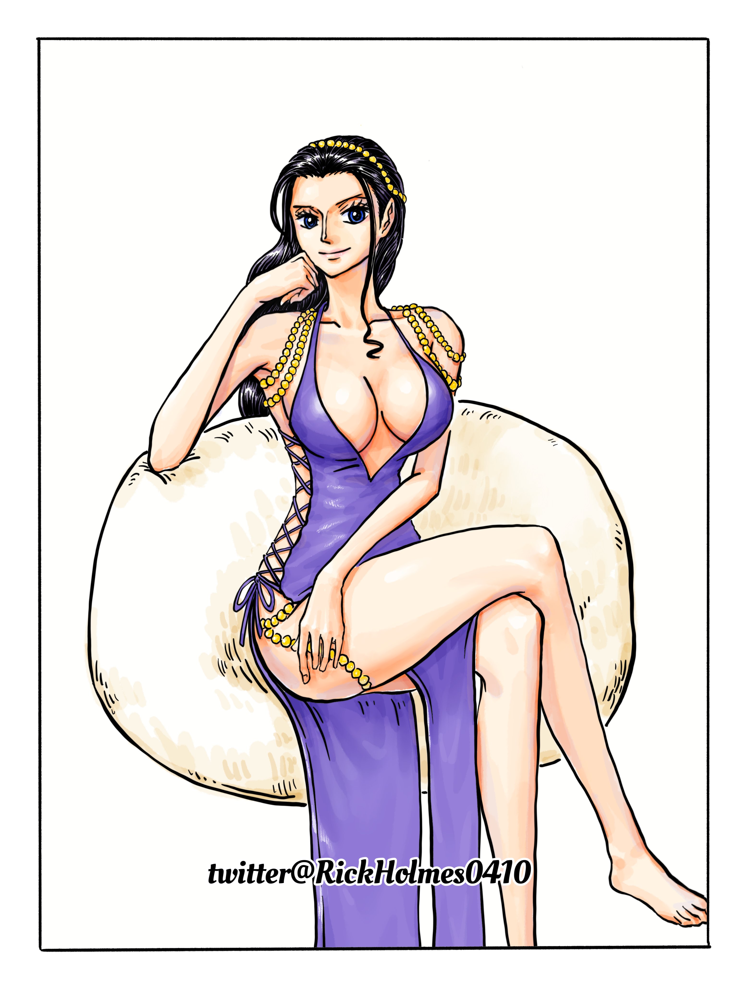 1girls, accurate art style, big breasts, black hair, black-haired female, breasts, cleavage, clothed, clothing, cosplay, dress, female, female only, nami (one piece) (cosplay), nico robin, one piece, one piece: zou arc, post-timeskip, purple dress, rickholmes0410