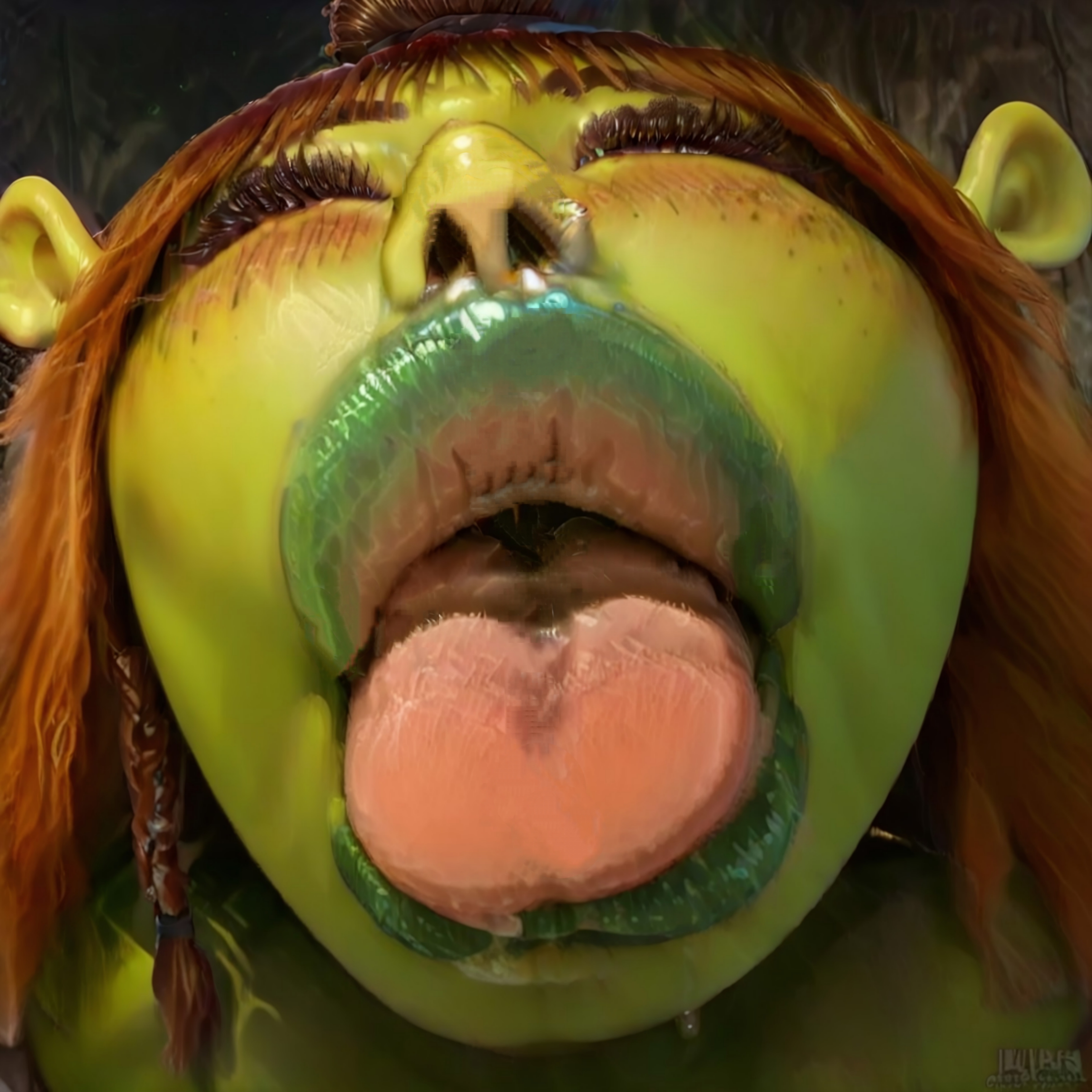 1girls, ai generated, big lips, bimbo, bimbo lips, buchukisu, dreamworks, drool, drooling, felicia (shrek), female, female only, green skin, humanoid, kissing, lips, monster girl, nose piercing, nose ring, shrek (series), tongue, tongue out