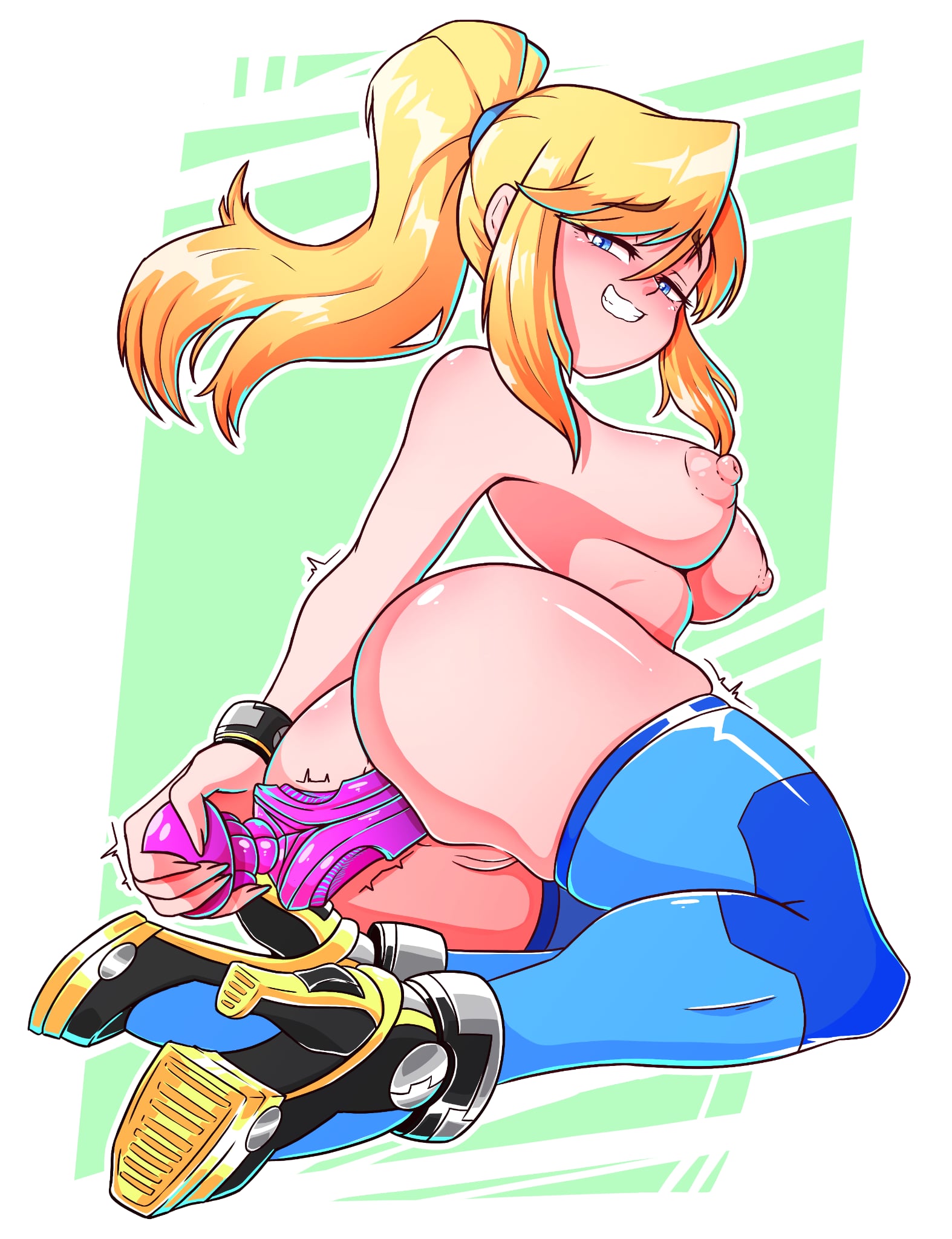 anal, ass, big ass, big breasts, blonde hair, bodysuit, breasts, dildo, female, high heels, lando labs, metroid, nintendo, pony, samus aran, tagme, thick thighs, thighs, zero suit, zero suit samus