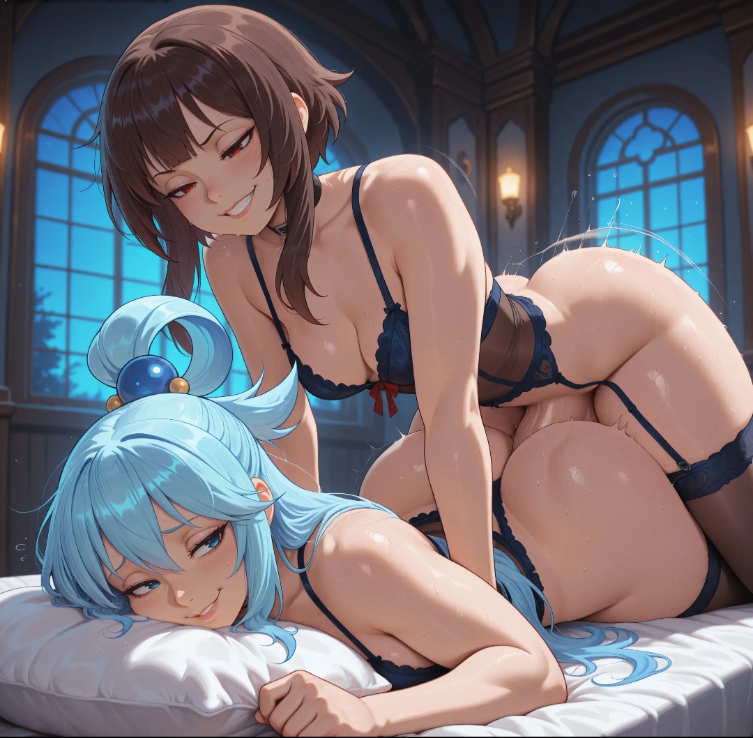 1futa, 1girls, ai generated, ambiguous penetration, aqua (konosuba), dominant, domination, female, from behind, futa on female, futanari, intersex, kimmiefu, kono subarashii sekai ni shukufuku wo!, looking at partner, looking back, megumin, sex