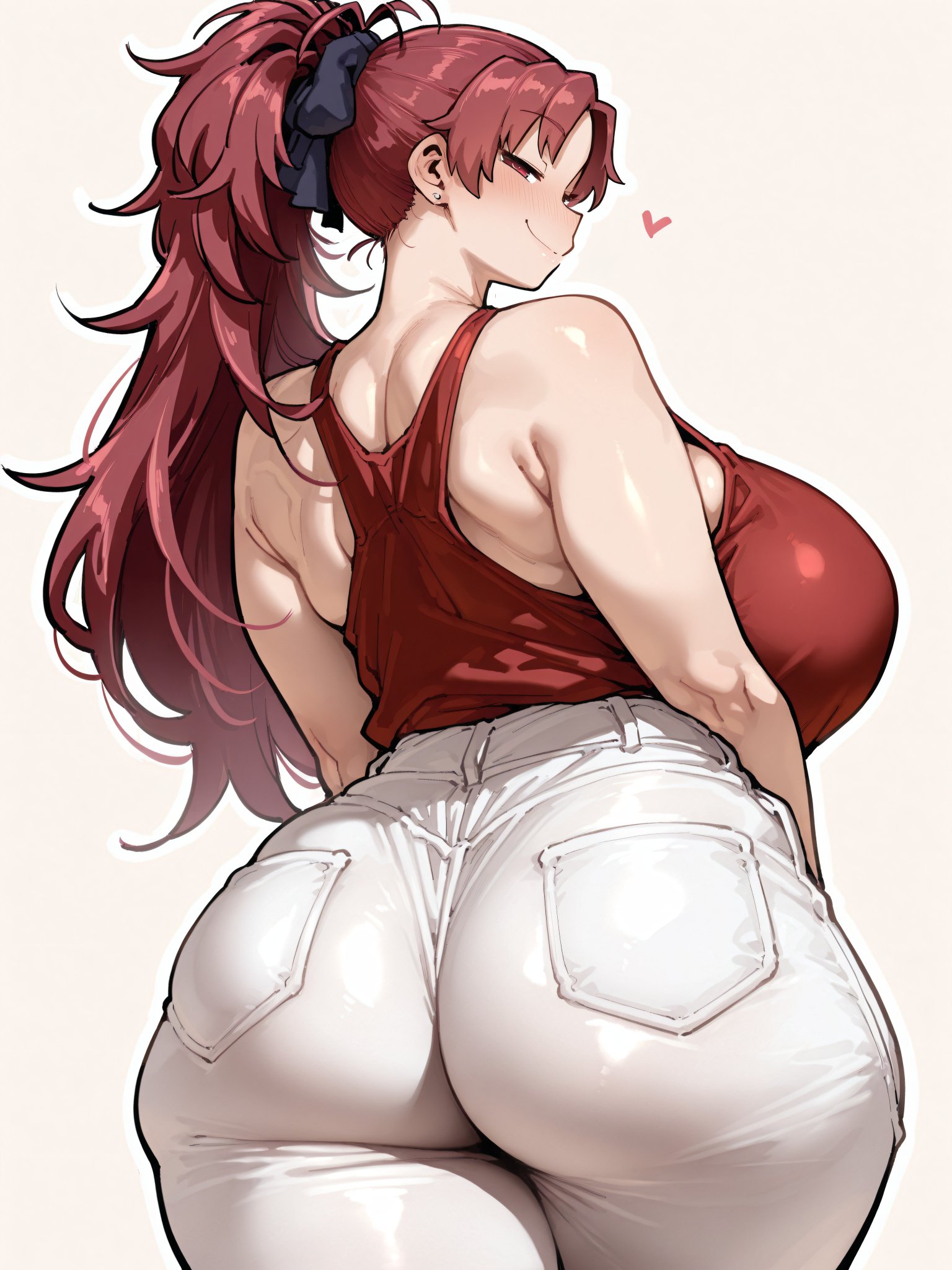 1girls, ai generated, alternate breast size, ass, back view, backboob, bare thighs, big ass, big butt, breasts, fat, fat ass, fat female, female, female only, gigantic ass, gigantic breasts, huge breasts, huge thighs, jean shorts, light skin, light-skinned female, long hair, looking back, mahou shoujo madoka magica, massive ass, massive breasts, oatmealdood, oiled body, oiled skin, ponytail, red eyes, red hair, sakura kyouko, smiling, solo, solo female, squatting, sweat, sweatdrop, tank top, thick body, thick female, thick thighs, thighs, voluptuous, voluptuous female