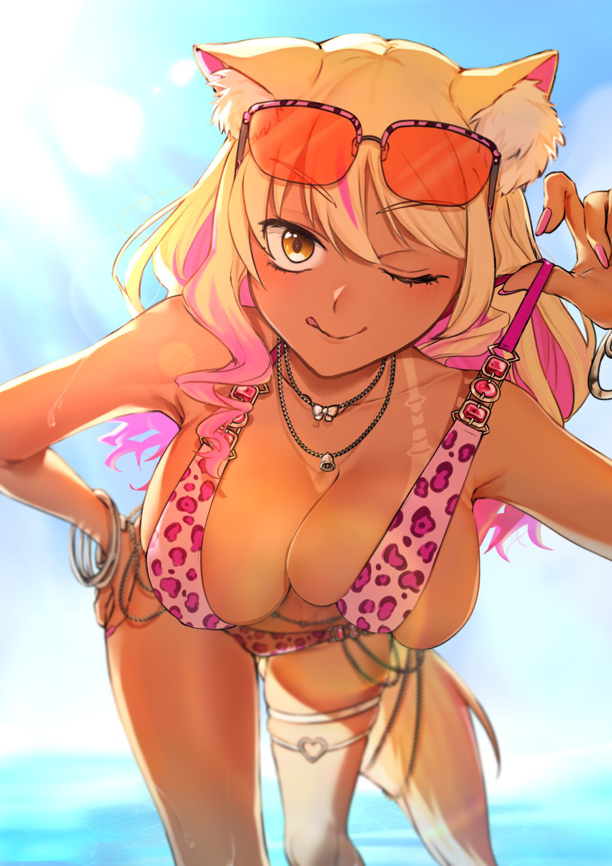 breasts, fate (series), fate/grand order, female, gyaru, hiyayaako, huge breasts, suzuka gozen (fate), suzuka gozen (swimsuit rider) (fate), tagme, tan skin