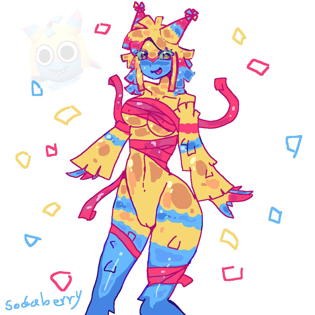 berrysoda, dandy's world, female, naked, naked female, pinata, ribbons, simple background, white background, yatta (dandy's world)