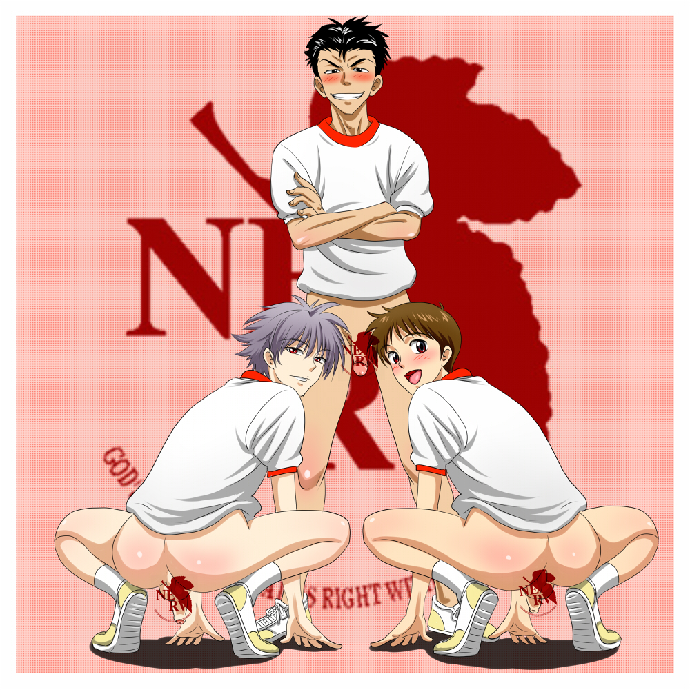 3boys ass backsack balls black_hair blush bottomless brown_hair butt censored clothing crossed_arms evil_grin flaccid gay grey_eyes kaworu_nagisa male male_only mouth_open neon_genesis_evangelion pants_removed pastel_background penis penis_size_difference pink_background presenting_ass red_eyes retracted_foreskin shinji_ikari socks_and_shoes spread_legs squat squatting tagme taint testicles toji_suzuhara uncut upside-down_(artist) yaoi