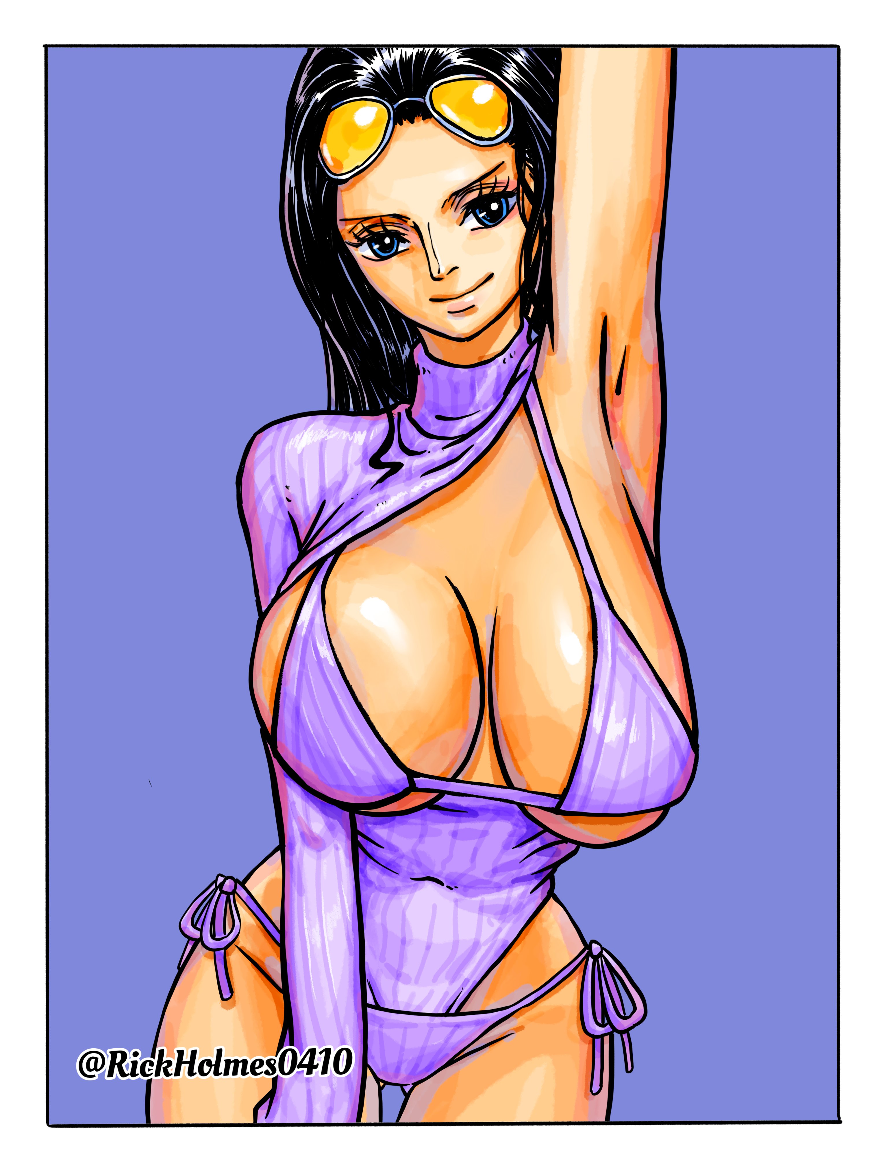 1girls, arm up, big breasts, black hair, black-haired female, blue eyes, breasts, clothing, female, female only, huge breasts, lilac clothing, nico robin, one piece, post-timeskip, purple bikini, purple clothing, ribbed sweater, rickholmes0410, simple background, sunglasses on head, sweater, turtleneck