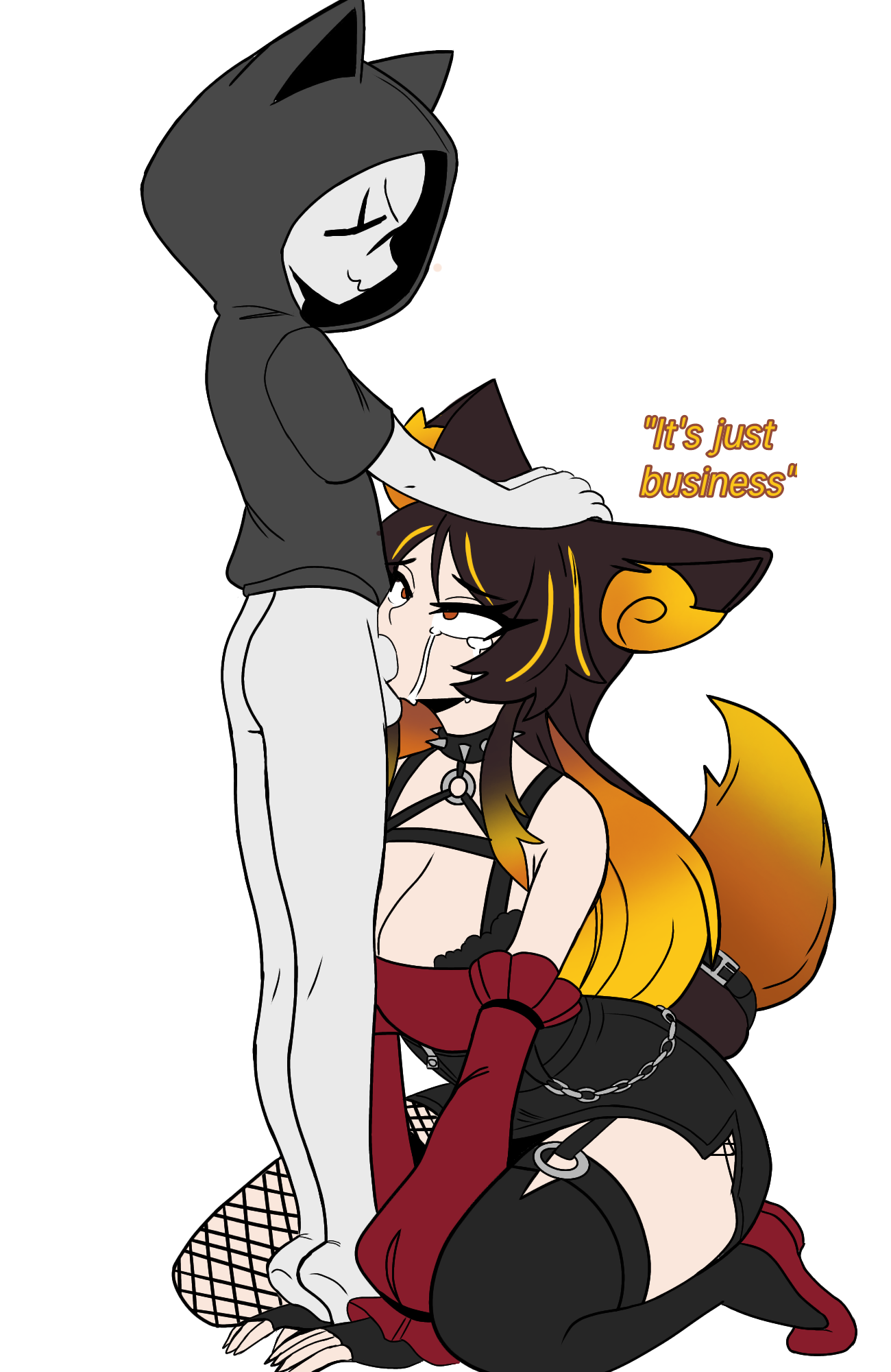 1boy, 1girls, androgynous, anonymous male, anthro, artist upload, ass, balls, balls deep, bangs, big ass, bottomless, breasts, brown hair, buckle, chain, choker, cleavage, clothed, clothed female, clothing, collar, crying, deepthroat, duo, english, english text, erection, fellatio, female, fingerless gloves, fishnets, fur, genitals, hand on head, hands on lap, hi res, highres, hoodie, huge breasts, human, indie virtual youtuber, kneeling, larger female, light skin, light-skinned female, looking at another, looking at partner, looking down, looking up, male, open mouth, oral, oral sex, orange eyes, orange hair, orange highlights, penis, prostitution, self upload, simple background, sinder (vtuber), size difference, smaller male, smile, spread legs, straight, tagme, tears, text, thick thighs, thighhighs, thighs, tiptoes, unepicroachy, very long hair, virtual youtuber, wide hips, wip, wolf ears, wolf girl, wolf tail, y/n, y/n (unepicroachy)