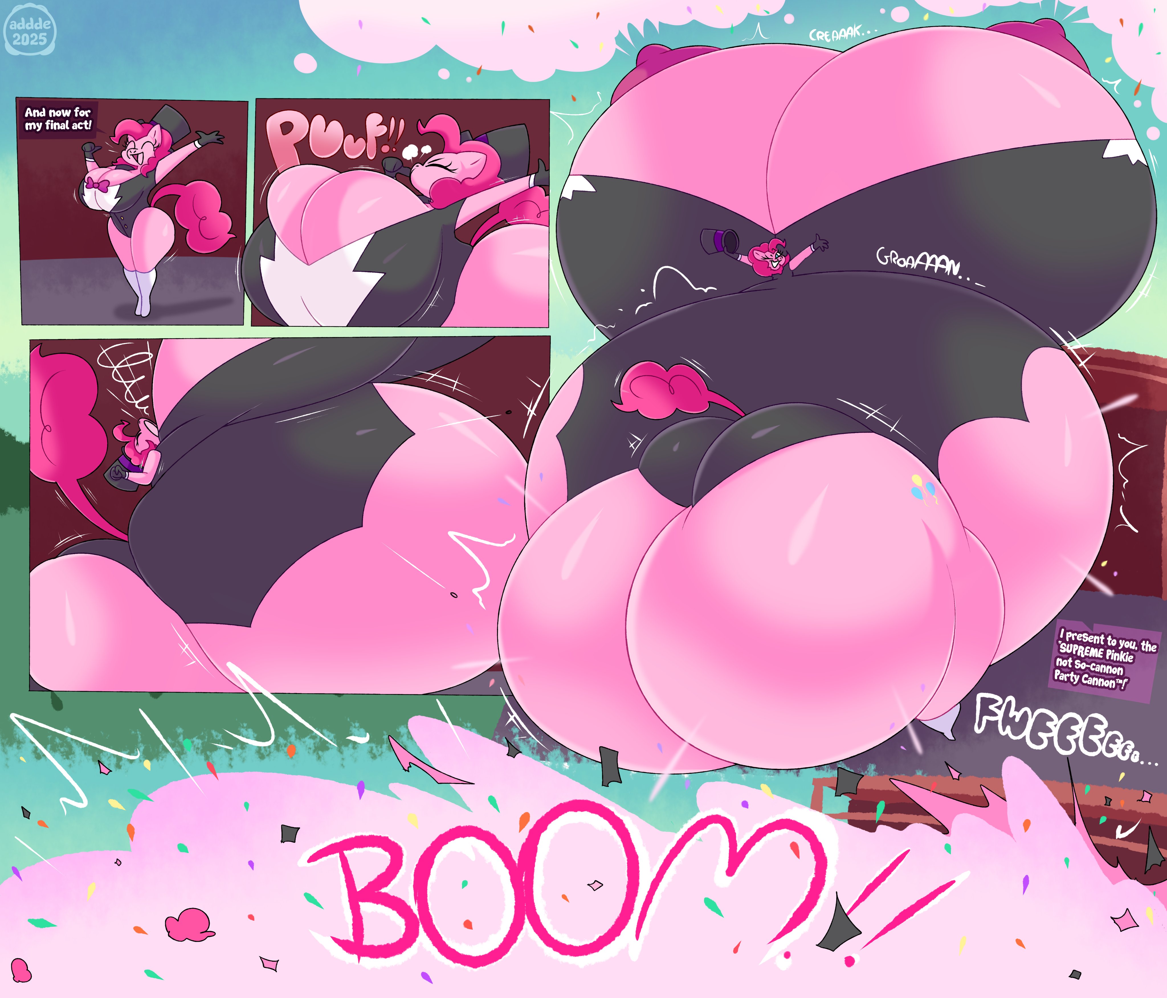 about to burst, about to pop, addde, air inflation, anthro, ass inflation, belly expansion, belly inflation, big belly, breast expansion, breast inflation, breasts, button pop, comic, confetti, deep breath, expansion, female, furry, groaning, hyper, hyper belly, inflated ass, inflated belly, inflated breasts, inflation, inflation fetish, leaking nipples, magician, my little pony, pink hair, pinkie pie (mlp), pony, popping, scraps, sketch, thumb blowing