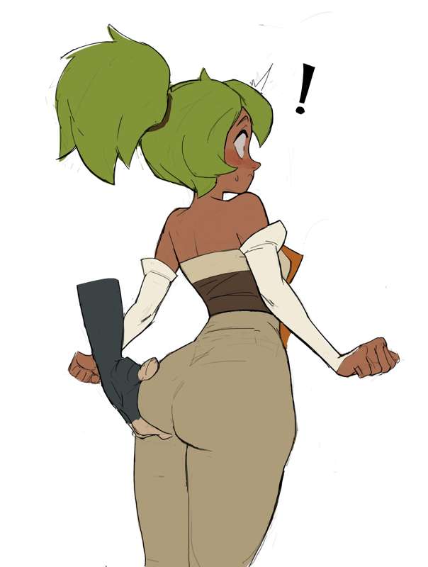 amalia amugea ass ass_focus ass_grab blonde_hair bodysuit brown_eyes brown_skin dark_skin embarrassed flirting fondling green_hair groping groping_ass groping_from_behind hat highres hourglass_figure playing ponytail portrait sadida shoes shorts smiling surprised teasing wakfu yugo