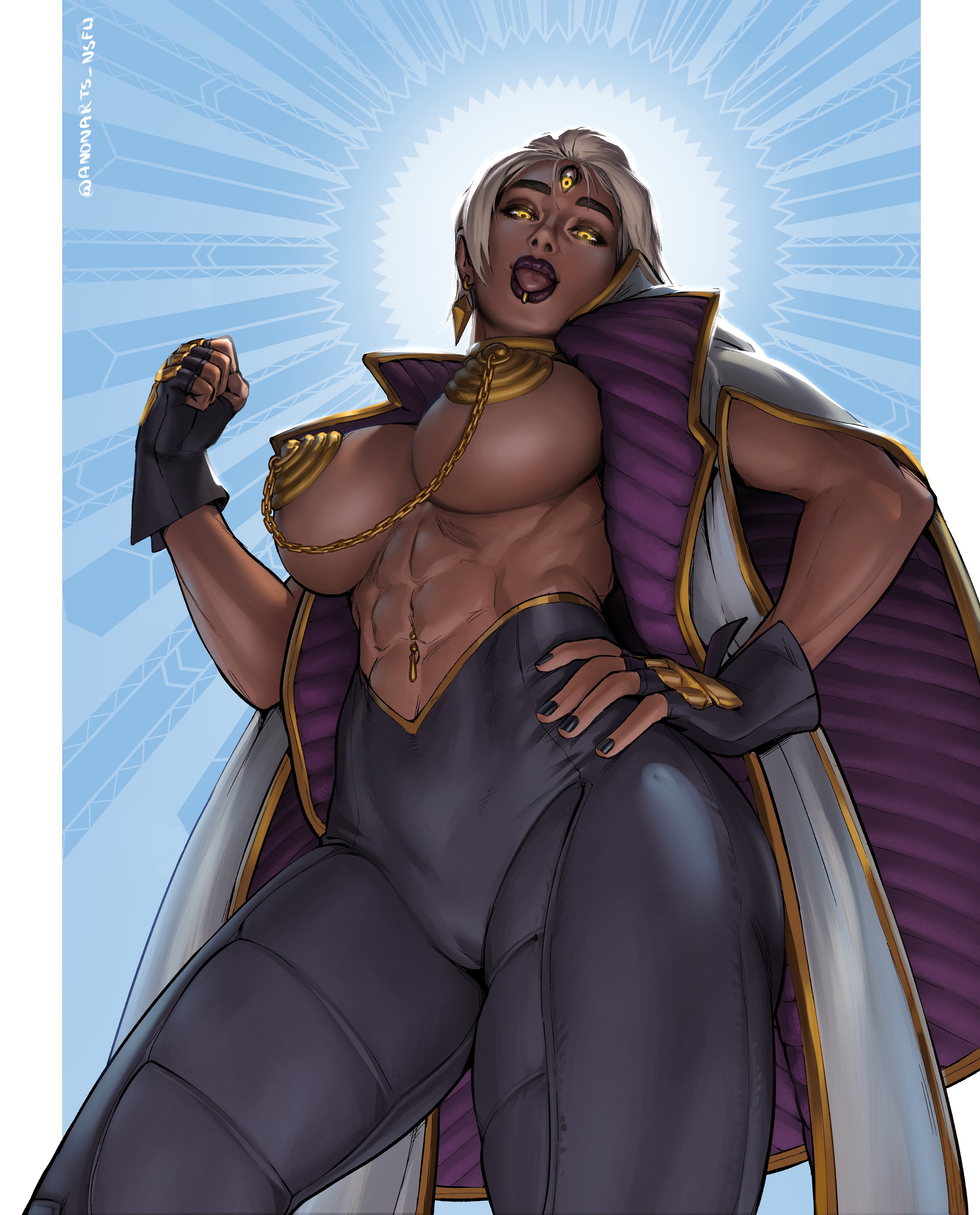 1girls, 3 eyes, abs, anonarts, big breasts, breasts, cameltoe, dark skin, dark-skinned female, female, hand on hip, lip piercing, multi eye, navel piercing, outie navel, pussy, rhiannon (rixx0s), solo, tagme, tongue, tongue out