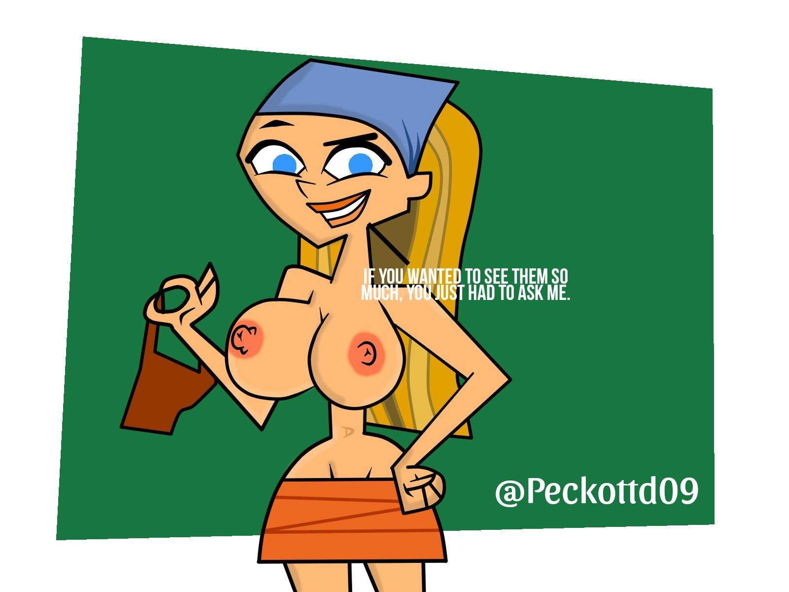 1girls, accurate art style, artist signature, big breasts, blonde hair, blue eyes, breasts, cartoon network, dialogue, female, lindsay (tdi), long hair, looking at viewer, nipples, peckottd09, teletoon, topless, total drama island