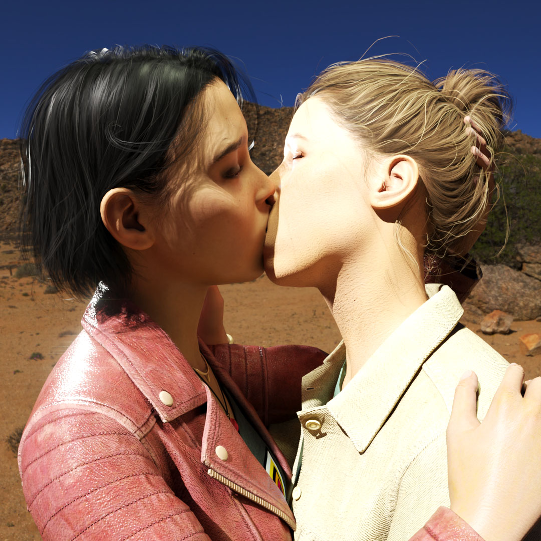 2girls, eyes closed, female, fingers in hair, kissing, mio hudson, poseidonx, split fiction, yuri, zoe foster