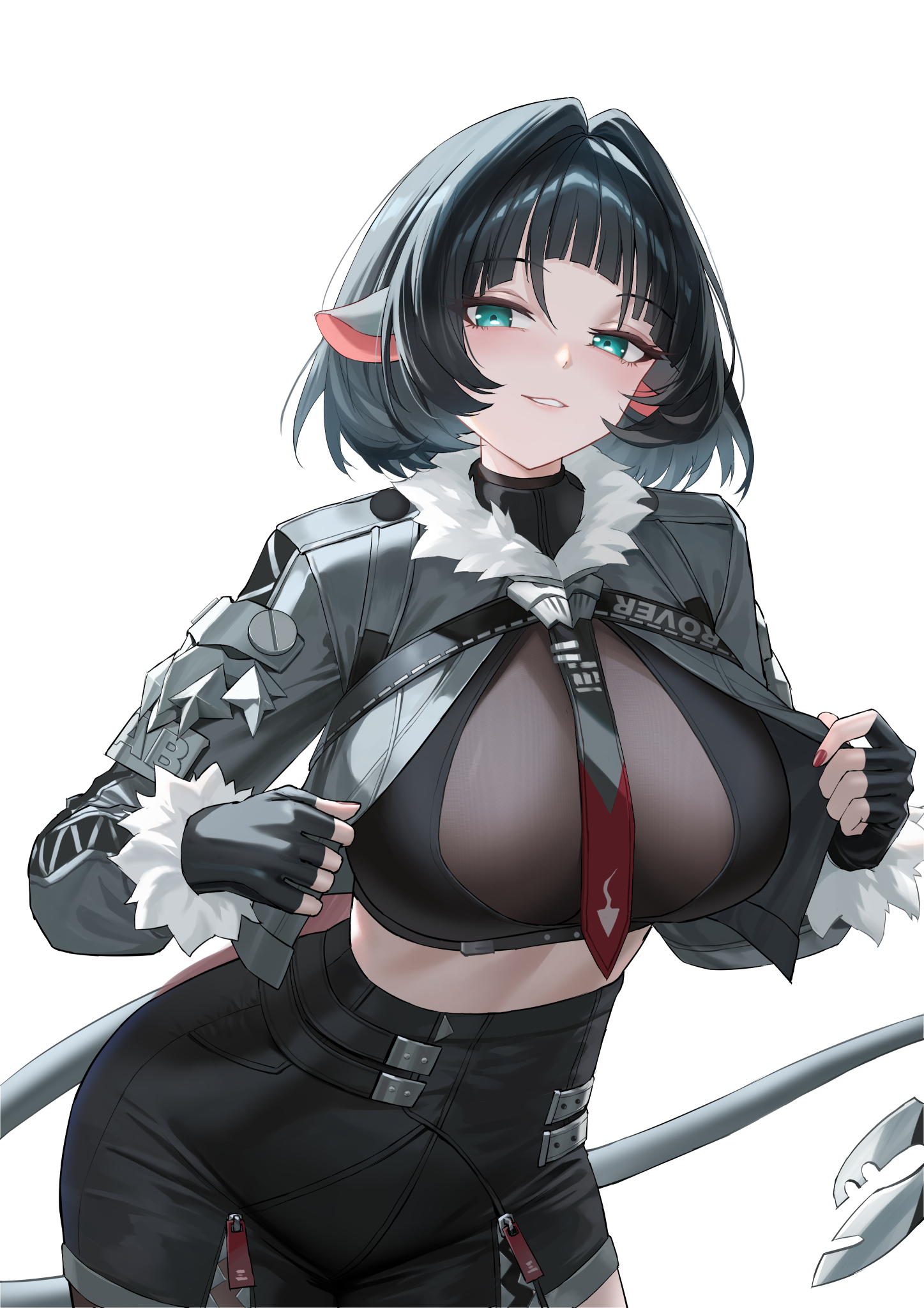 1girls, animal ears, big breasts, black gloves, black hair, black shorts, breasts, chinese commentary, commentary request, crop top, female, female only, fingerless gloves, gloves, green eyes, grey jacket, high-waist shorts, highres, jacket, jane doe (zenless zone zero), large breasts, mouse ears, mouse girl, mouse tail, necktie, parted lips, short hair, shorts, simple background, solo, tail, takibi (tamikyo), two-tone necktie, upper body, white background, zenless zone zero
