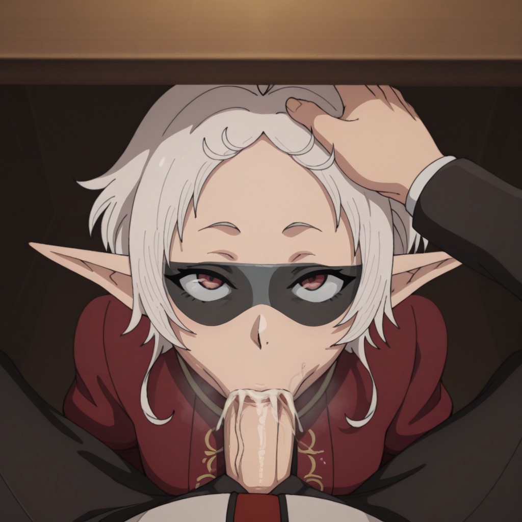 1boy, 1girls, ai generated, akaz123, blowjob, blowjob face, cum, cum in mouth, cum inside, fellatio, female, hand on another's head, light skin, light-skinned female, light-skinned male, looking at viewer, looking pleasured, male, mushoku tensei, mushoku tensei: isekai ittara honki dasu, oral, penis, penis through fly, pointy ears, pov, rudeus greyrat, straight, sylphiette (mushoku tensei), under desk, vacuum blowjob