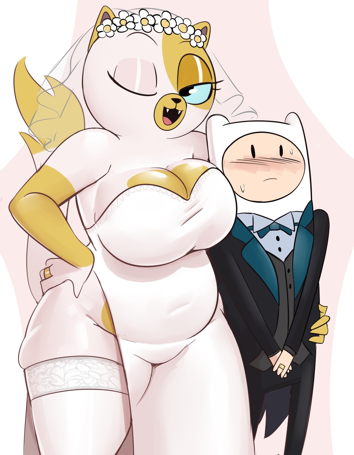 adventure_time age_difference anthro bbw blush blush cake_the_cat cartoon_network cat_humanoid couple feline feline finn_the_human flower flower_crown furry hat interspecies large_breasts plump spakka5 thighhighs thighs tuxedo wedding wedding_dress wedding_ring wedding_veil wink winking winking_at_viewer