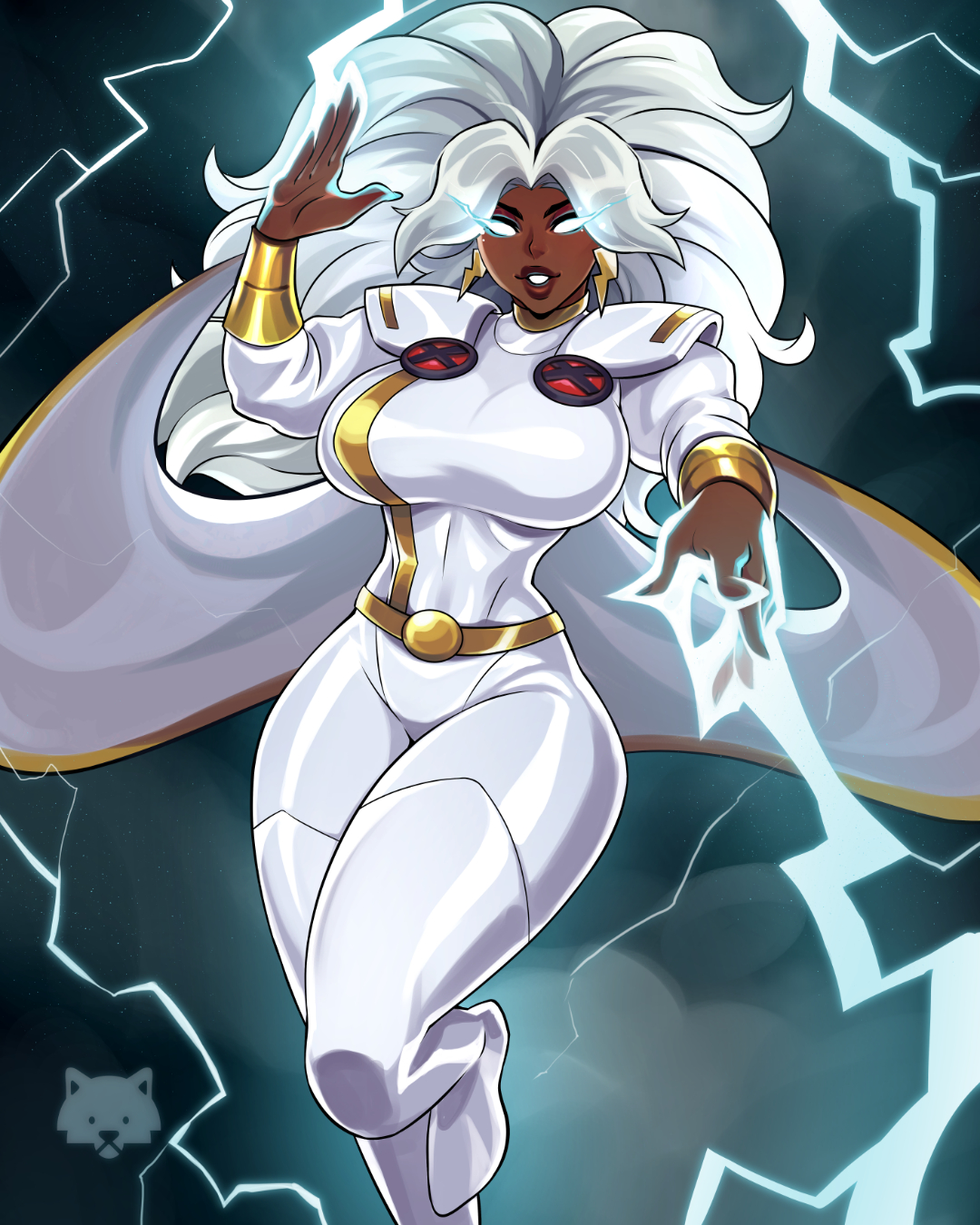 1girls, 2024, big breasts, breasts, dark skin, dark-skinned female, electricity, female, female only, hi res, josephwolf, long hair, looking at viewer, marvel, marvel comics, marvel rivals, no pupils, ororo munroe, smiling, smiling at viewer, solo, storm (ivory breeze), storm (marvel rivals), storm (x-men), thick thighs, white eyes, white hair, x-men, x-men 97