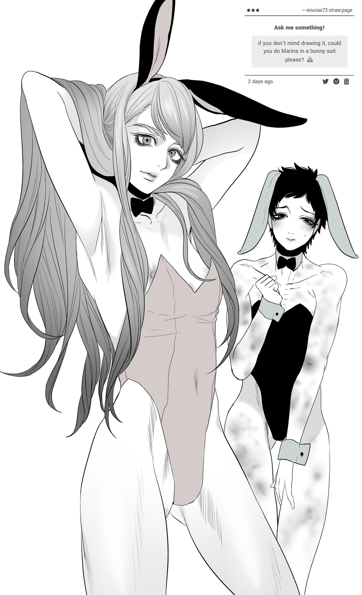 1boy, 1dickgirl, black and white, bunny costume, bunny ears, bunnysuit, dickgirl, eriurias73, fear and hunger, fear and hunger: termina, futanari, grey hair, intersex, levi (fear and hunger), long hair, looking at viewer, male, male playboy bunny, marina (fear and hunger), monochrome, playboy bunny, playboy bunny costume, playboy bunny leotard, playboy outfit, trans woman, transfem