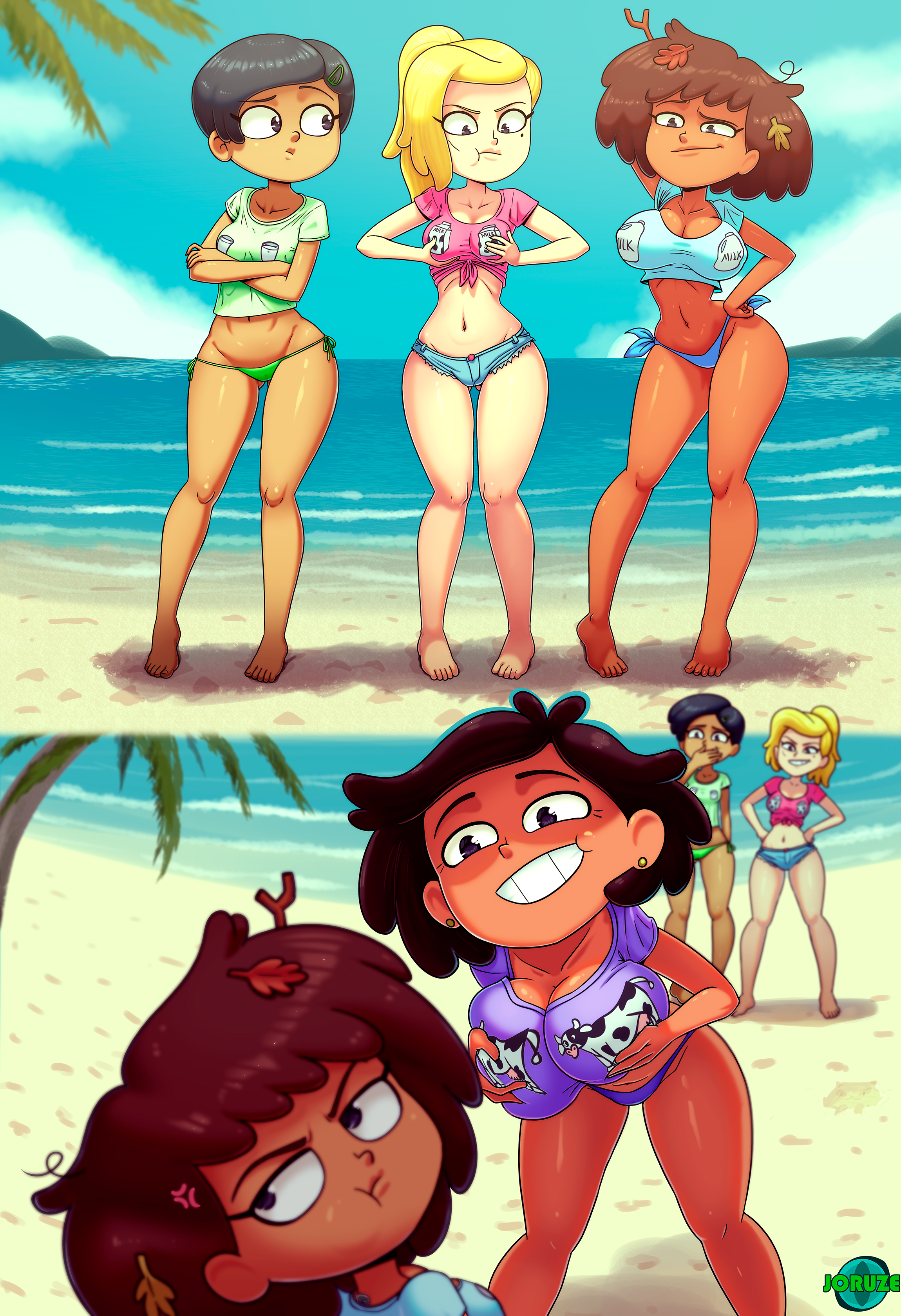 :t, 4girls, amphibia, anne boonchuy, beach, breast envy, breasts, clothing, dark skin, disney, disney channel, female, group, human, joruze, marcy wu, milf, mother and daughter, mrs. boonchuy, nonsexual, oum boonchuy, pale skin, sasha waybright, tagme, teenage female