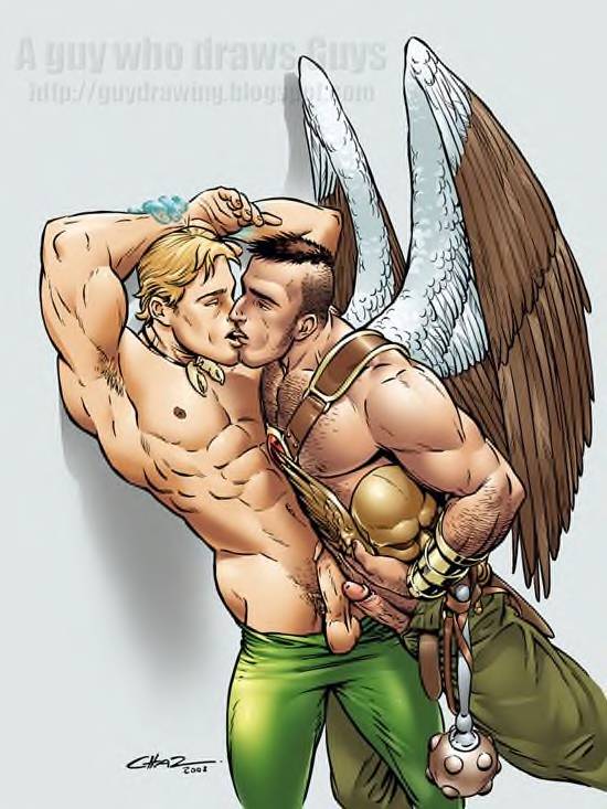 2boys a_guy_who_draws_guys_(artist) abs aquaman aquaman_(series) armpit_hair armpits arms_up arthur_curry artist_signature ball_bulge balls balls_out ballsack blonde_hair body_hair bracers brown_hair carter_hall crab_claw dc_comics erect_nipples erection eye_contact feathered_wings foreskin gay green_pants hands_above_head harness hawkman helmet holding_object human humanoid humanoid_penis intact justice_league kissing looking_at_partner mace male male/male male_nipples male_on_male male_only male_pubic_hair manly masculine muscular_male necklace pants_down pants_open pecs penis_out penis_size_difference penises_touching retracted_foreskin scrotum serratus_anterior shirtless smooth_skinned_male tagme testicles tongue_kiss topless uncut veiny_penis weapon winged_helmet wings wrists_restrained yaoi