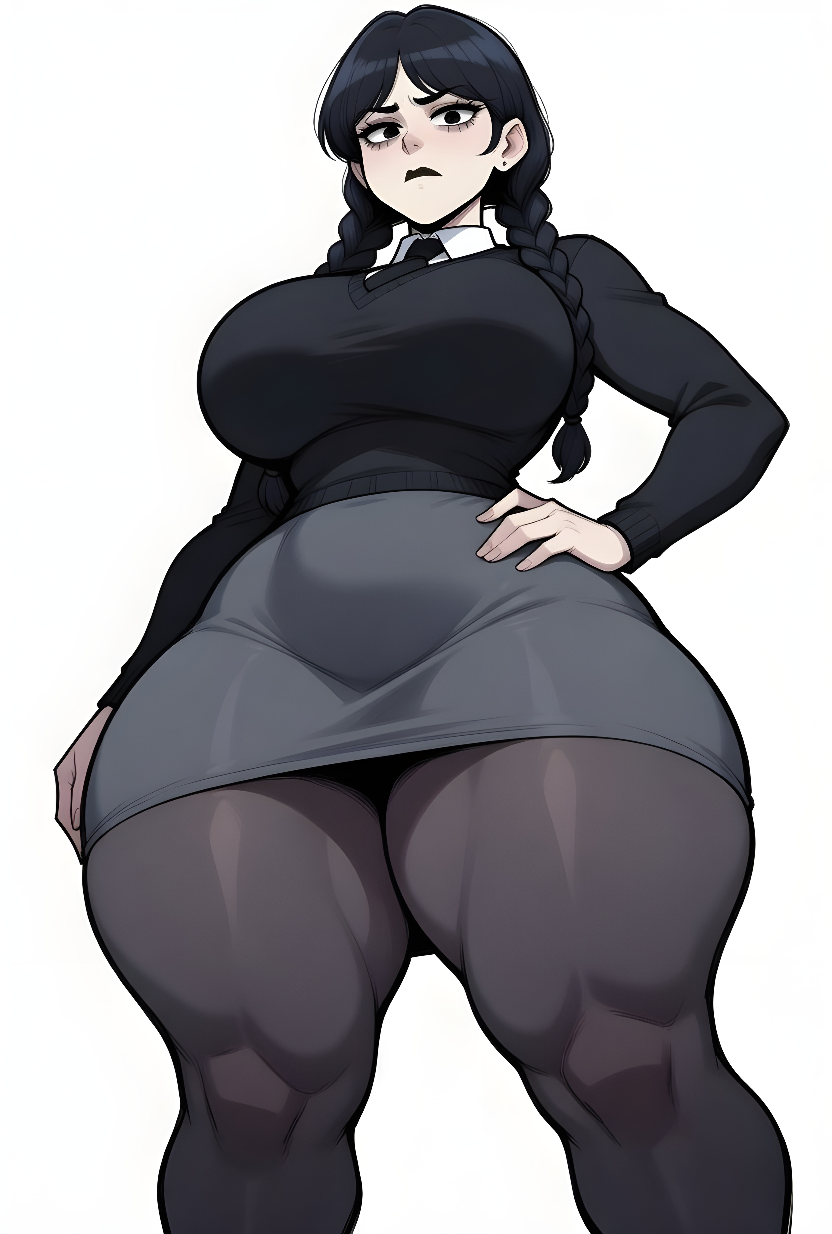 1female, 1girls, ai generated, ass, big ass, big breasts, big butt, brasil louco, breasts, bubble ass, bubble butt, curvaceous, curvy, curvy body, curvy figure, dominant, dominant female, emo, fat ass, female, female only, front view, full body, fully clothed, gothic, gothic girl, huge breasts, large ass, large breasts, looking at viewer, milf body, seducing, seducing viewer, seductive, seductive look, sexy, sexy body, sexy pose, simple background, solo, solo female, solo focus, tagme, the addams family, thick ass, thick body, thick butt, thick thighs, voluptuous, voluptuous body, voluptuous female, wednesday addams, white background