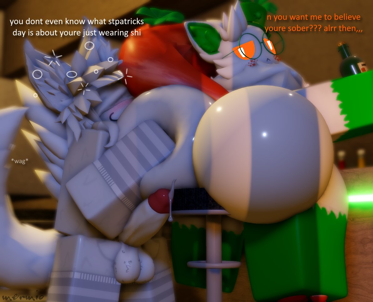 1boy, 1femboy, 2boys, 3d, aphra (mermio), artist name, ass, big ass, big cock, big dick, big penis, bottom heavy femboy, bubble ass, bubble butt, cock, dialogue, dick, doggy style, drunk, english text, enormous ass, femboy, fur, furry, gay, huge ass, huge butt, huge thighs, large ass, large butt, luvia (mermio), male, male on femboy, massive ass, massive butt, massive thighs, mermio, penis, precum, precum drip, precum dripping, precum leak, precum leaking, precum on penis, roblox, robloxian, saint patricks day, text, thicc thighs, thick thighs, watermark, wide hip, wide hips, wide thighs