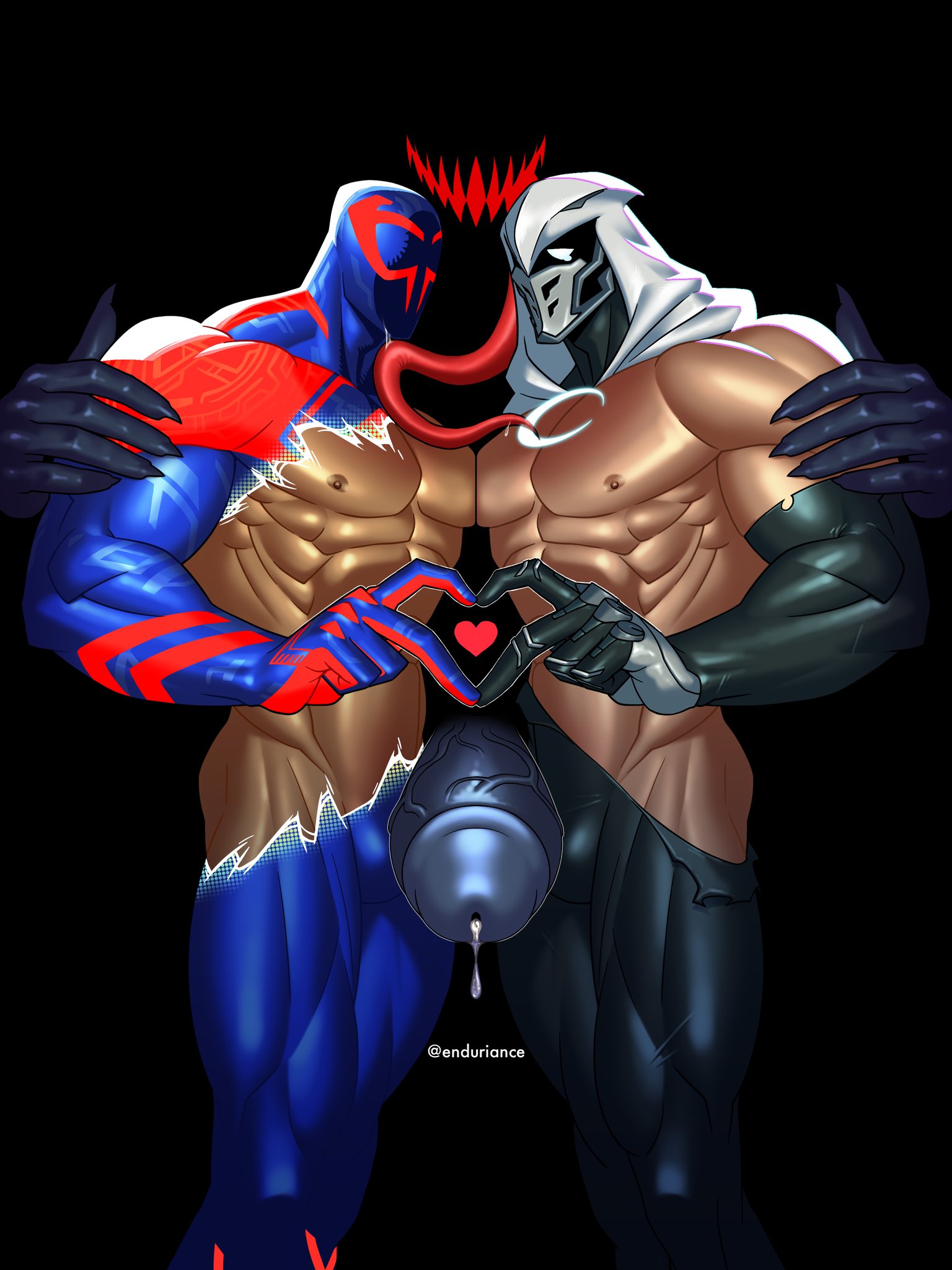 bara, big cock, big dick, big penis, boner, cock, dick, enduriance, erection, gay, heart, heart symbol, huge cock, long tongue, male, male only, marvel, marvel rivals, mask, masked, masked male, miguel o'hara, moon knight, moon knight (marvel rivals), muscular, muscular male, penis, precum, spider-man (series), spider-man 2099, spider-man: across the spider-verse, thick cock, thick dick, thick penis, veiny, veiny penis, venom (marvel)