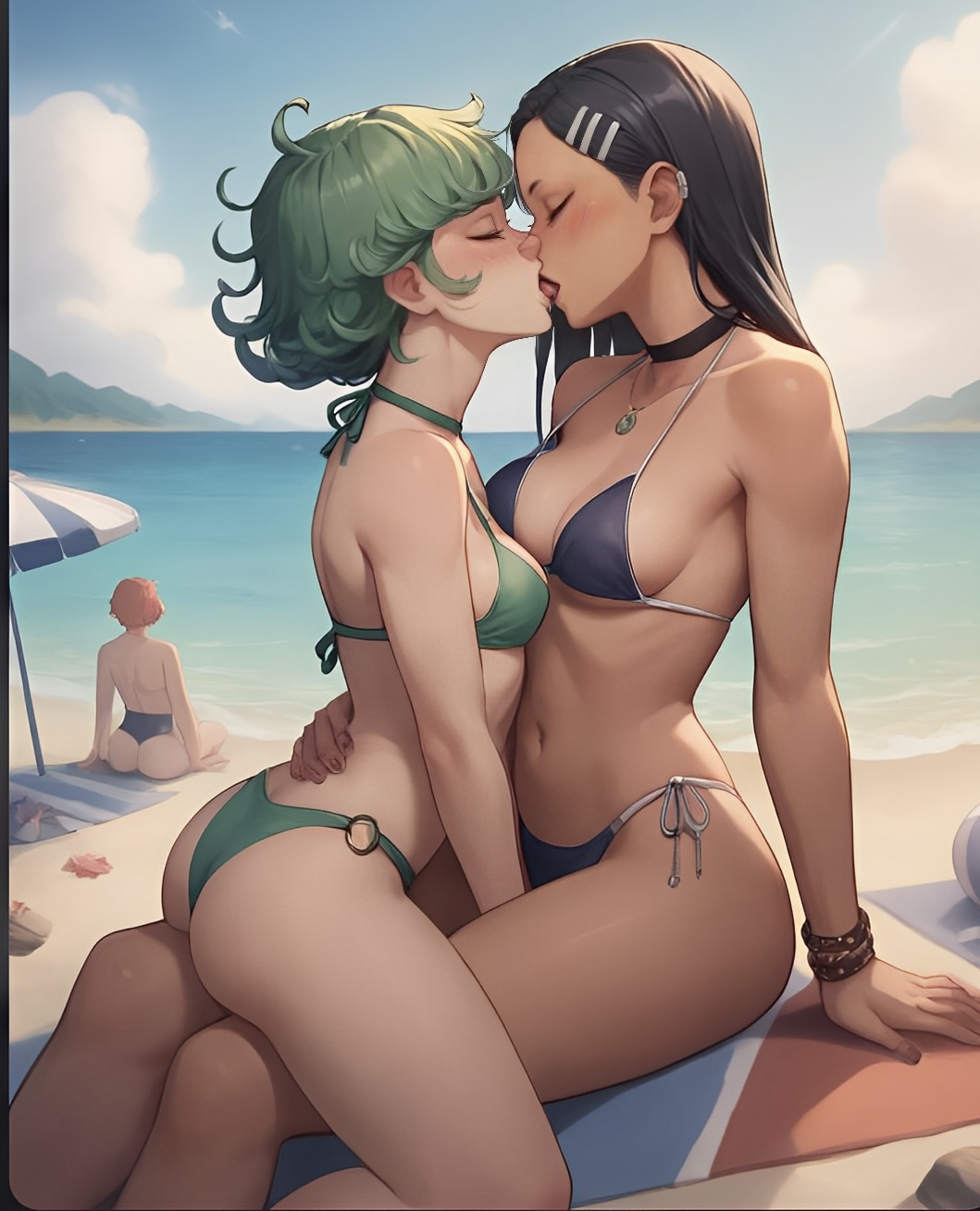 2girls, ai generated, ass, ass focus, beach, bikini, black hair, blush, breasts, female, female only, female/female, green hair, hayase nagatoro, kissing, lesbian couple, lesbian kiss, one-punch man, please don't bully me, nagatoro, sitting on lap, sitting on person, tatsumaki, umbrella, yuri