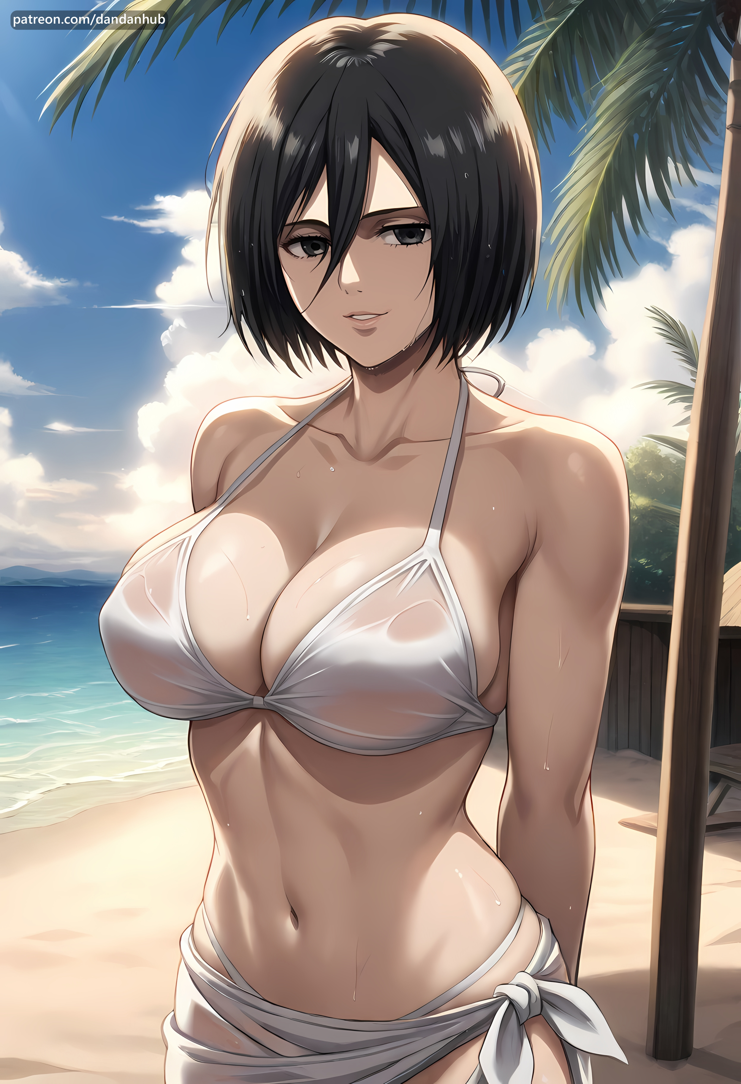 ai generated, arms behind back, attack on titan, beach, bikini, black eyes, black hair, blue sky, breasts, cleavage, cloud, collarbone, dandanhub, day, female, female only, hair between eyes, large breasts, looking at viewer, mikasa ackerman, navel, ocean, outdoors, palm tree, parted lips, sand, sarong, shingeki no kyojin, short hair, sky, smile, solo, swimsuit, tree, wet, white bikini