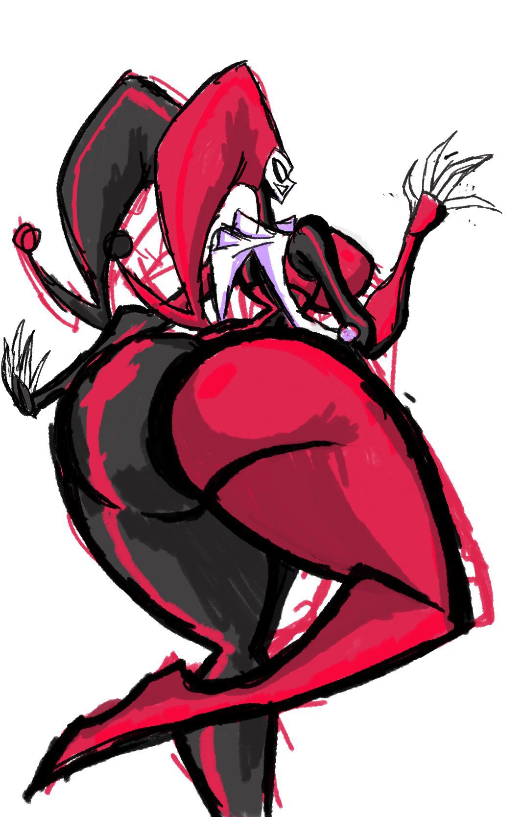 2024, 2d, ass, ass focus, back view, backboob, batman (series), black background, bodysuit, breasts, carnivore art, clothed female, curvy, curvy female, dc comics, english commentary, feet out of frame, female, female only, foot out of frame, from behind, harley quinn, harley quinn (classic), harley quinn (the batman), headwear, highres, hourglass figure, huge ass, huge breasts, human, human female, human only, human solo, jester hat, jester outfit, leg up, simple background, skin tight, solo, solo female, the batman (tv series), thick thighs, variant set, voluptuous, voluptuous female, wide hips