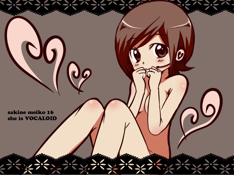 blush brown_hair english_text female headset large_breasts meiko short_hair smile solo solo_female vocaloid