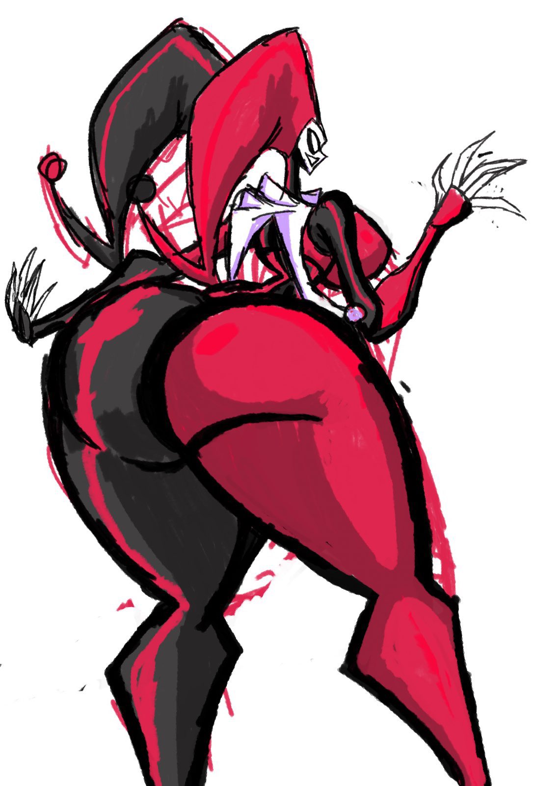 2024, 2d, arms up, ass, ass focus, back view, backboob, batman (series), black background, bodysuit, breasts, carnivore art, clothed female, curvy, curvy female, dc comics, english commentary, feet out of frame, female, female only, from behind, harley quinn, harley quinn (classic), harley quinn (the batman), headwear, highres, hourglass figure, huge ass, huge breasts, human, human female, human only, human solo, jester hat, jester outfit, simple background, skin tight, solo, solo female, the batman (tv series), thick thighs, variant set, voluptuous, voluptuous female, wide hips