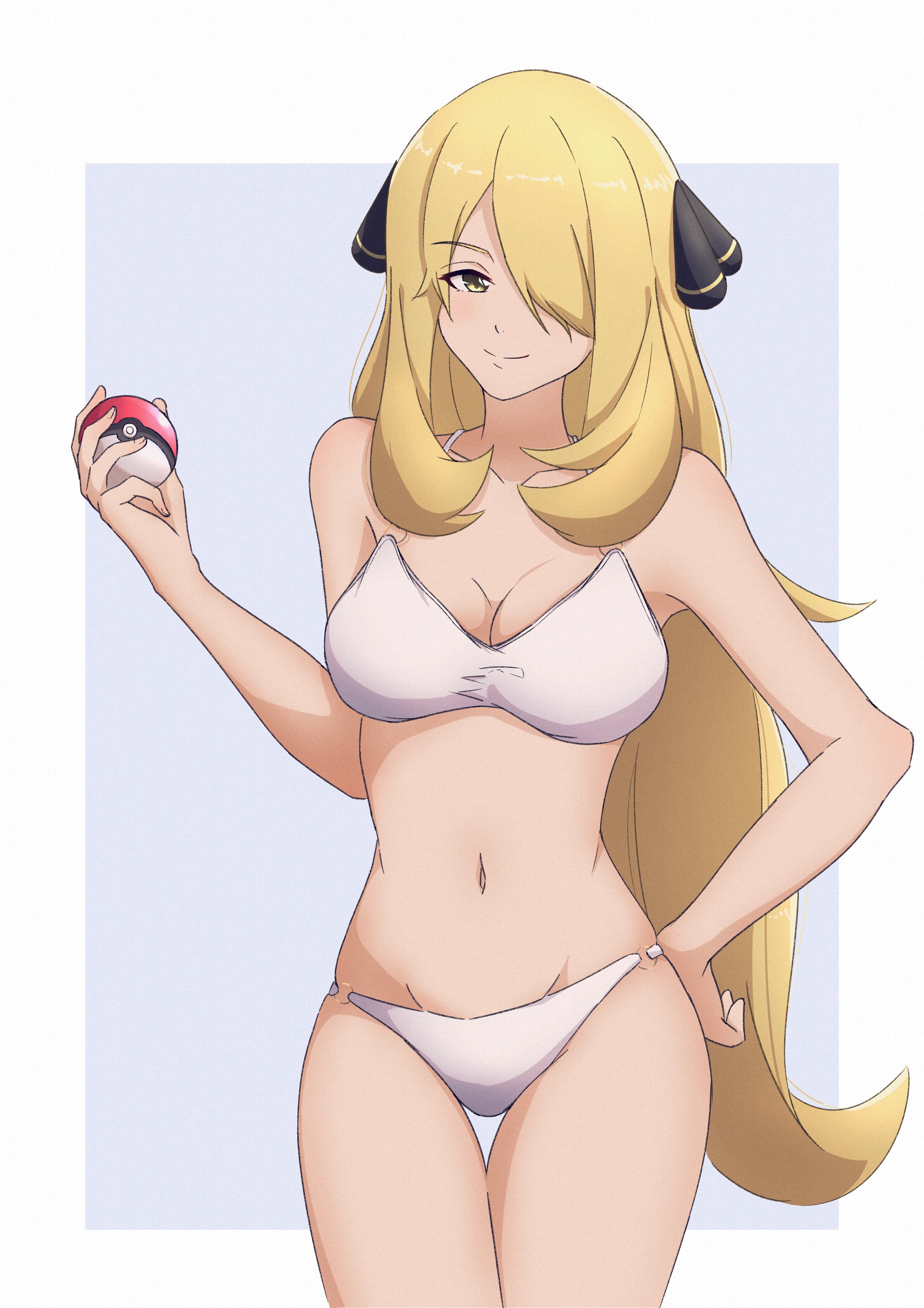 1girls, absurd res, absurdres, adult, adult female, armpits, bare armpits, bare arms, bare belly, bare chest, bare hands, bare hips, bare legs, bare midriff, bare navel, bare shoulders, bare skin, bare thighs, belly, belly button, bikini, bikini bottom, bikini only, bikini top, black hair ribbon, black hair tie, black ribbon, blonde eyebrows, blonde female, blonde hair, blonde-haired female, breasts, busty, busty female, cleavage, collarbone, curvaceous, curvaceous body, curvaceous female, curvaceous figure, curvaceous hips, curvaceous thighs, curvy, curvy body, curvy female, curvy figure, curvy hips, curvy thighs, cynthia (pokemon), dot nose, elbows, exposed armpits, exposed arms, exposed belly, exposed chest, exposed hips, exposed legs, exposed midriff, exposed navel, exposed shoulders, exposed skin, exposed thighs, female, female focus, female only, fingernails, fingers, groin, hair over one eye, hair ribbon, hair tie, half naked, half nude, hand on hip, hand on own hip, high resolution, highres, hourglass figure, lean figure, legs, legs closed, legs together, light skin, light-skined female, light-skinned female, long hair, looking at viewer, mature female, medium breasts, midriff, naked, naked female, narrow waist, navel, nishizuki shino, nude, nude female, nudity, parted bangs, pokeball, pokemon, ribbon, semi nude, shoulders, sidelocks, simple background, slender body, slender waist, slim female, slim waist, smooth skin, solo, standing, string bikini, swimsuit, swimwear, thick thighs, thigh gap, thighs, thin waist, upper body, v-line, white background, white bikini, white bikini bottom, white bikini only, white bikini top, white string bikini, white swimsuit, white swimwear, wide hips, yellow eyebrows, yellow eyes, yellow hair, yellow-eyed female, yellow-haired female