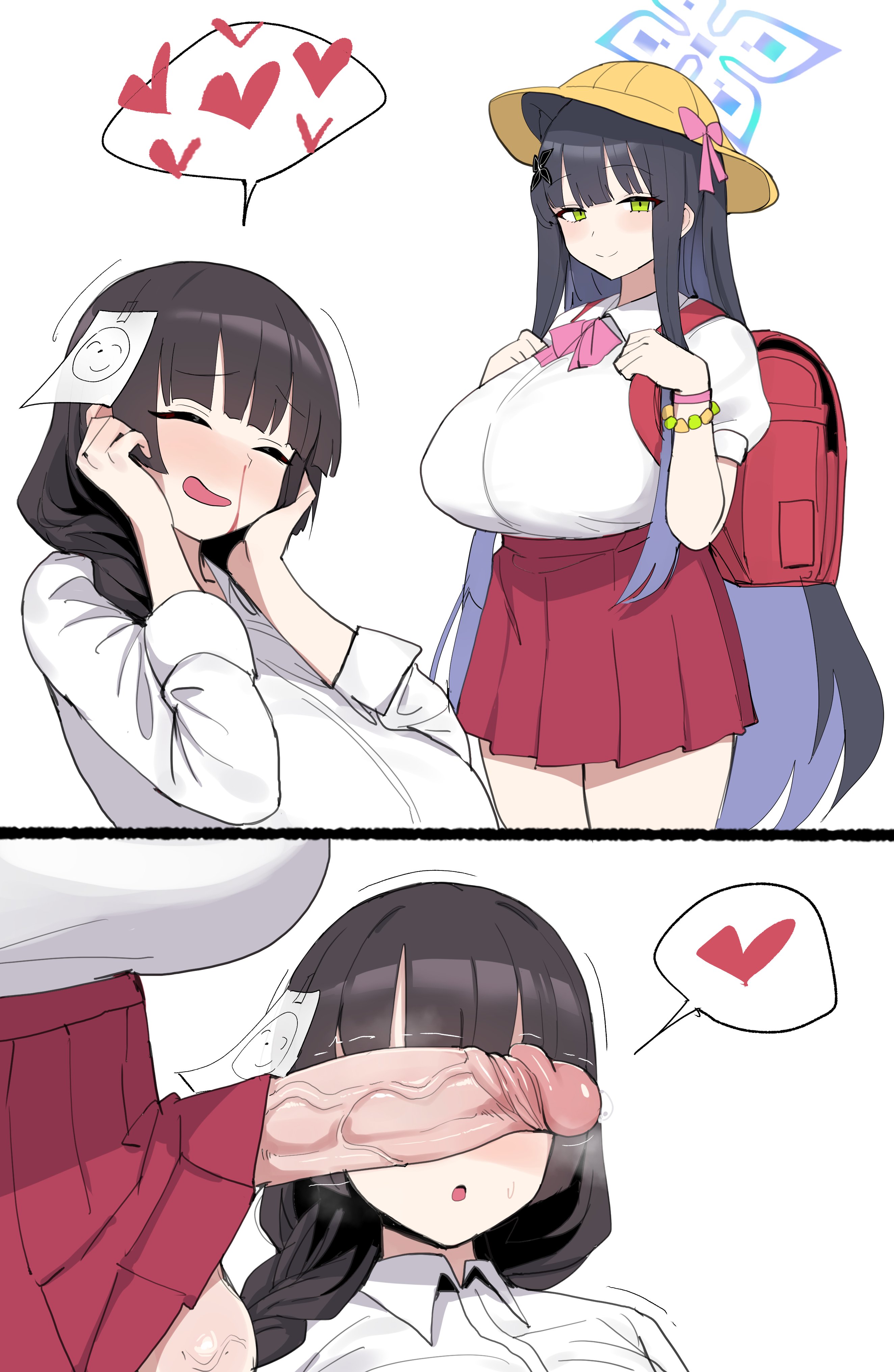 1futa, 1girls, backpack, balls, big balls, big breasts, big penis, black hair, blood, bloody nose, blue archive, braided ponytail, breasts, brown hair, closed eyes, closed eyes smile, clothing, dressed young, erection, female, female sensei (blue archive), female sensei (blue archive) (xipa), futa on female, futanari, green eyes, heart, huge balls, huge breasts, huge cock, huge testicles, intersex, open mouth, open mouth smile, open smile, penis, penis awe, ponytail, school uniform, schoolgirl, shun (blue archive), simple background, speech bubble, testicles, veins, veiny balls, veiny penis, veiny testicles, white background, xipa