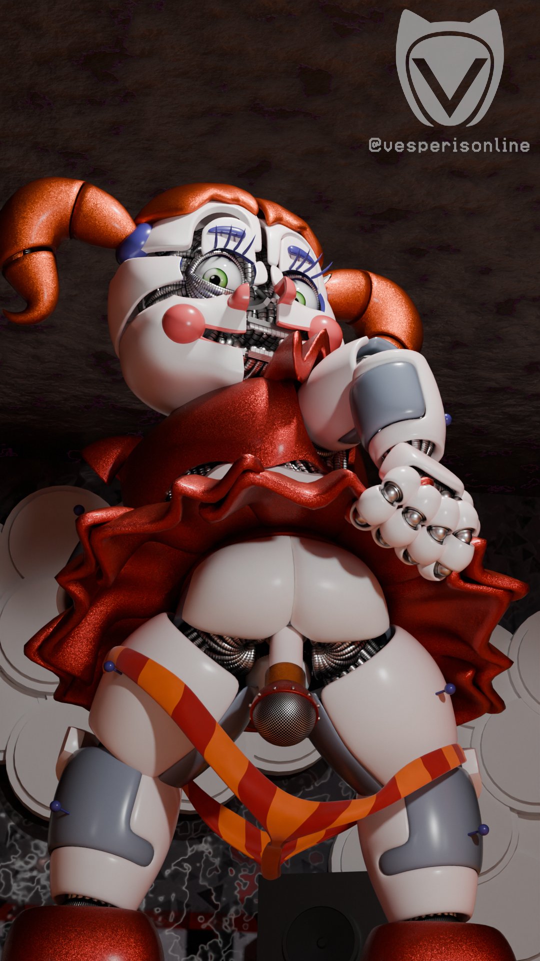 3d, 3d (artwork), accurate model, anal insertion, ass, baby (fnafsl), circus baby, circus baby (fnaf), circus baby (original), female, five nights at freddy's, five nights at freddy's: sister location, green eyes, lifting shirt, panties, panties down, robot, robot girl, robot humanoid, solo, striped panties, tagme, upskirt, vesperisonline