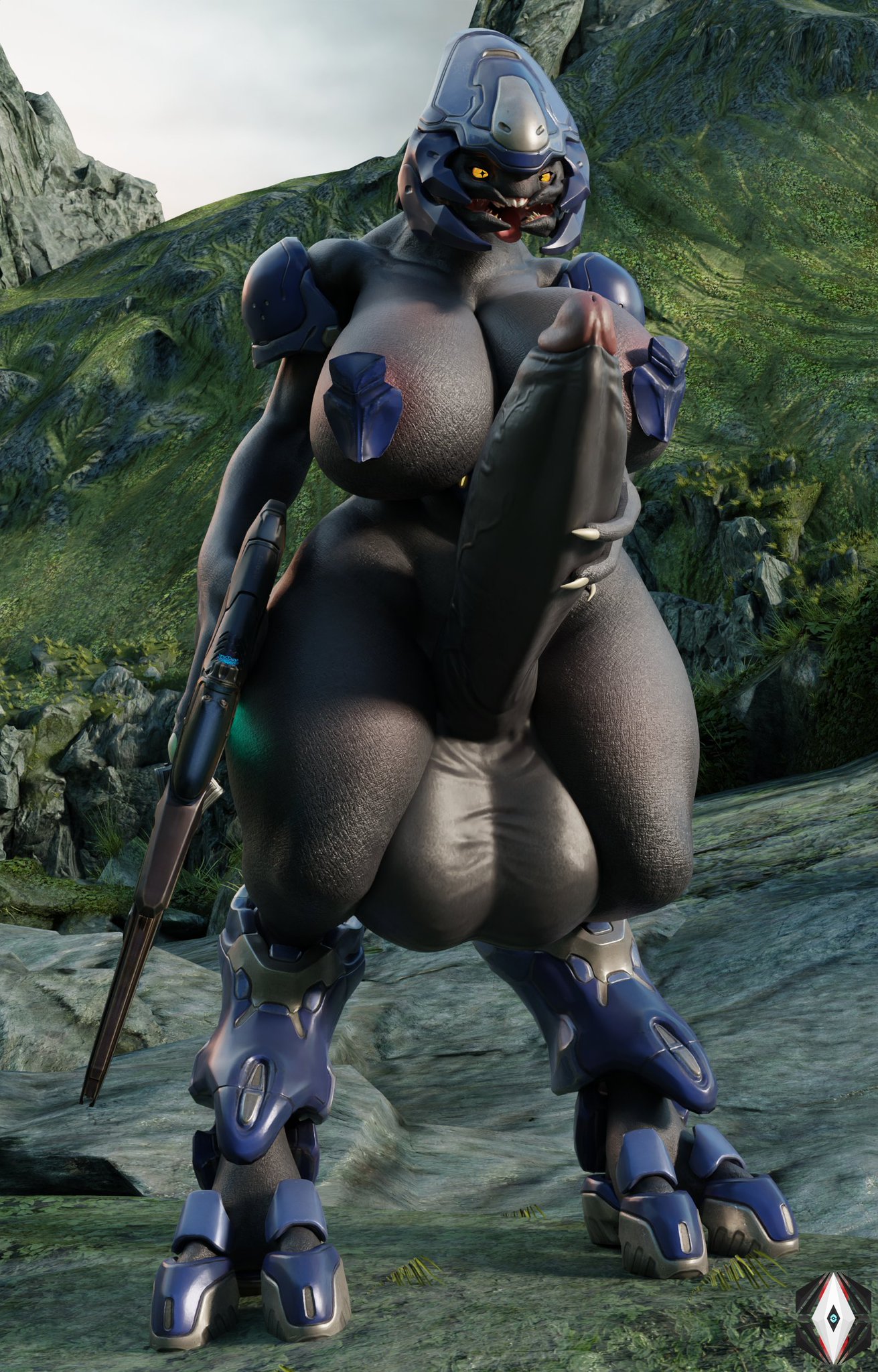 1futa, 3d, alien, anthro, armor, ass, balls, big ass, big balls, big breasts, big penis, breasts, claws, erection, futa only, futanari, gabrielarchgod, grey body, grey skin, halo (game), halo (series), highres, huge ass, huge balls, huge breasts, huge cock, intersex, looking at viewer, masturbation, penis, sangheili, solo, thick thighs, veiny penis, wide hips, yellow eyes