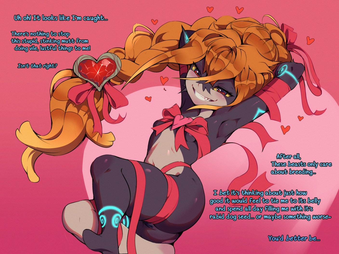english text, female, imminent bestiality, imminent penetration, imp, imp midna, lustful gaze, midna, morpskorp, nintendo, orange hair, ribbons, solo, solo female, text, the legend of zelda, twilight princess, valentine's day
