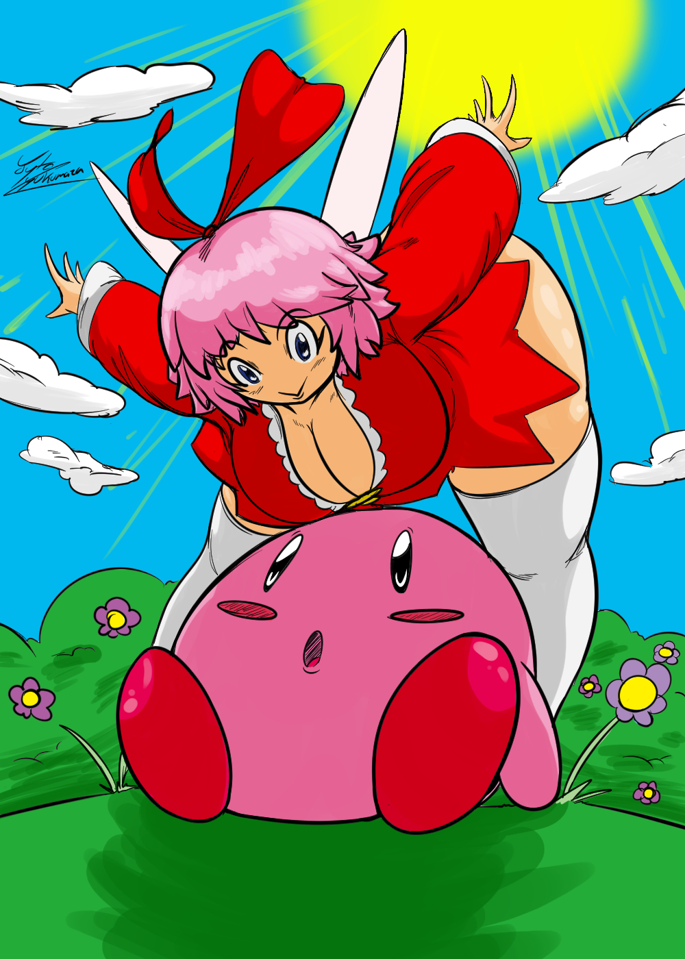 1boy 1girls artist_signature bent_over big_ass big_breasts breasts exposed_ass fairy fairy_wings female jyto kirby kirby_(series) kirby_64 kirby_64:_the_crystal_shards light-skinned_female light_skin long_sleeves looking_up male outdoors red_clothing red_dress ribbon ribbon_(kirby) ribbon_in_hair short_stack shortstack sunny tagme thighhighs voluptuous voluptuous_female year_request