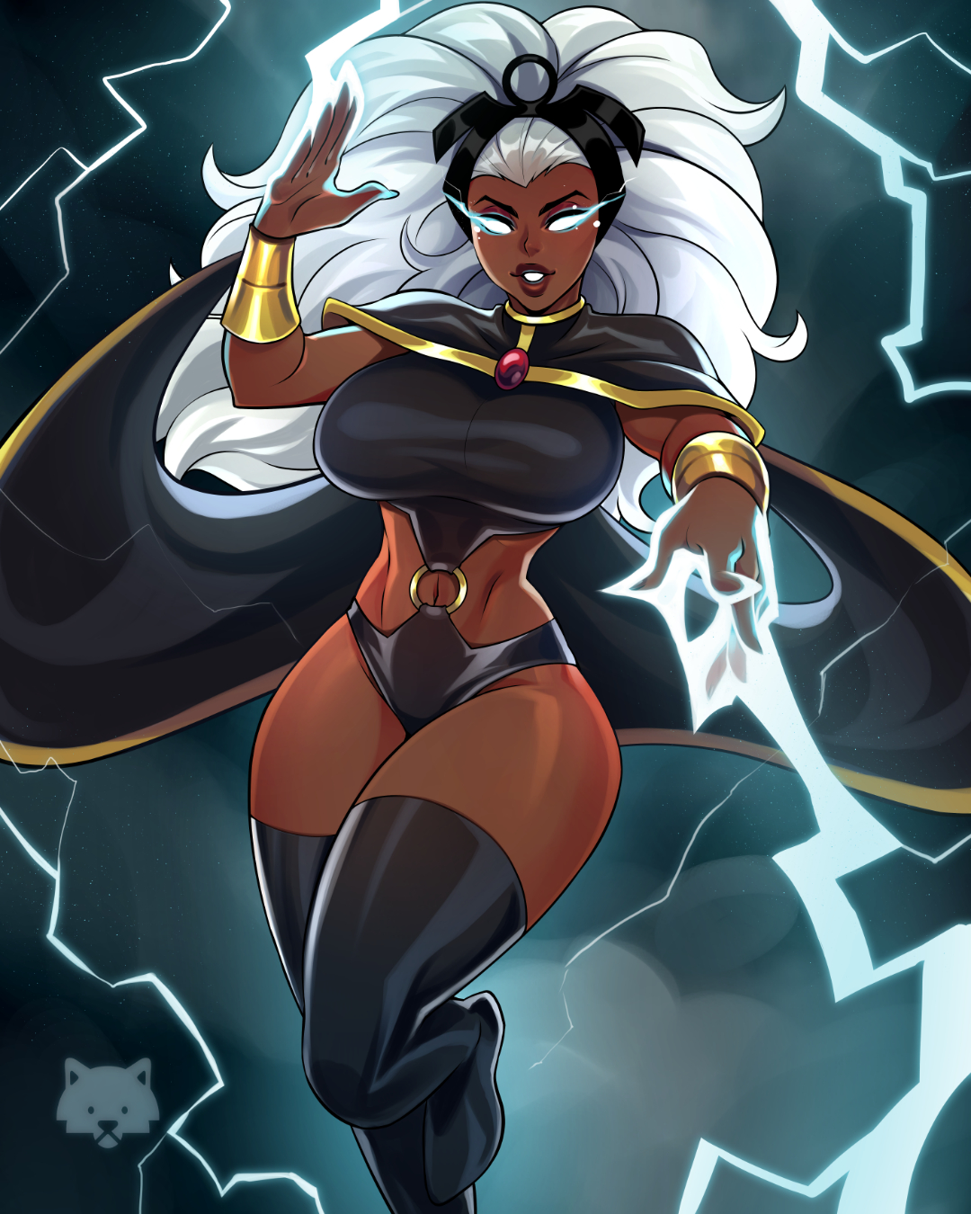 1girls, 2024, big breasts, breasts, dark skin, dark-skinned female, electricity, female, female only, hi res, josephwolf, long hair, looking at viewer, marvel, marvel comics, no pupils, ororo munroe, smiling, smiling at viewer, solo, storm (x-men), thick thighs, white eyes, white hair, x-men, x-men 97