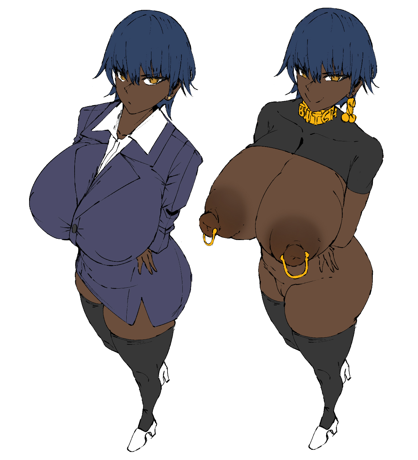 big breasts, big thighs, breasts, choker, crop top, dark skin, dark-skinned female, earrings, event13, female, heels, large breasts, legwear, milf, nipple piercing, nipples, office clothing, office lady, office suit, original, original character, piercing, short hair, short skirt, thighs, tight clothes, tight clothing, tight fit, tomboy