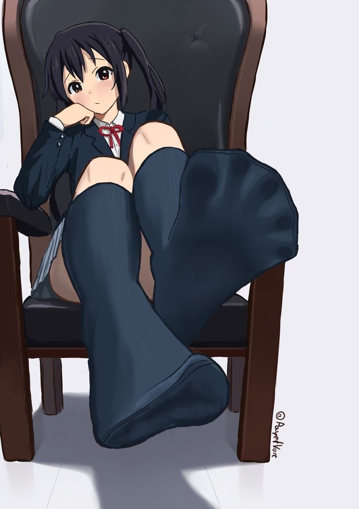 1girls artist_name azusa_nakano_(k-on!) black_hair bored_expression brown_eyes female foot_fetish foot_focus head_on_hand k-on! looking_at_viewer payetvore school_uniform sitting_on_chair socks soles solo twintails