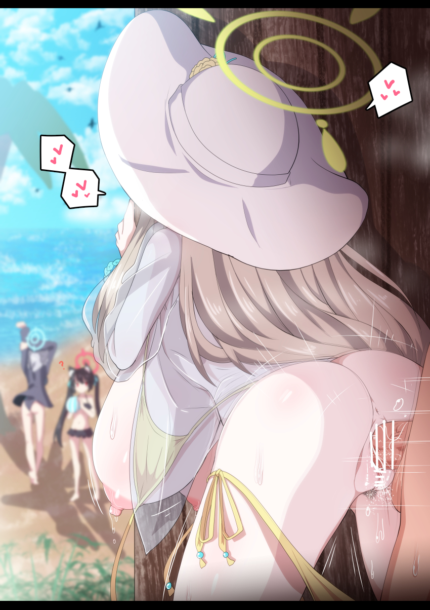 1boy 3girls ? abydos_high_school_student bar_censor beach bikini blue_archive breasts censored eijsvl flower foreclosure_task_force_(blue_archive) halo hat hat_flower heart highres huge_breasts jacket light_brown_hair long_hair multiple_girls nonomi_(blue_archive) nonomi_(swimsuit)_(blue_archive) see-through see-through_jacket serika_(blue_archive) serika_(swimsuit)_(blue_archive) sex sex_from_behind shiroko_(blue_archive) shiroko_(swimsuit)_(blue_archive) spoken_heart stealth_sex sun_hat swimsuit yellow_bikini