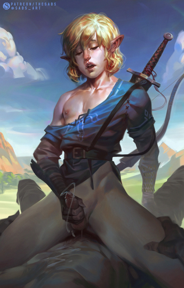 2boys androgynous blonde_hair blue_tunic bottomless bow_(weapon) breath_of_the_wild closed_eyes cowgirl_position cum ejaculation femboy gay humanoid hylian link link_(breath_of_the_wild) male male/male male_only male_penetrating_male male_pov masturbation multiple_boys nipples off_shoulder outdoors painting_(artwork) pale_skin penis pointy_ears realistic sabudenego scabbard sex sheathed straddling sword the_legend_of_zelda twink uncensored weapon yaoi