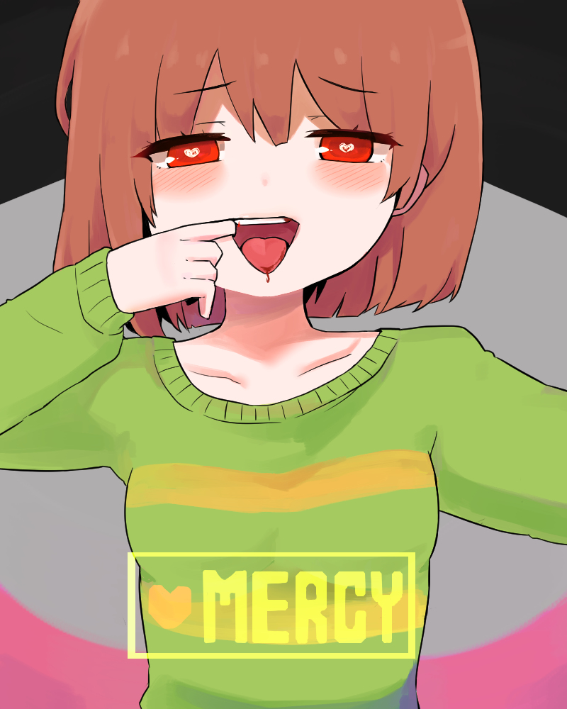 1girls 2d adorable blush brown_hair chara clothed female female_only finger_in_mouth gameplay_mechanics goodbad963 green_shirt hair_down heart-shaped_pupils heart_eyes human looking_at_viewer open_mouth red_eyes solo striped_shirt tagme undertale undertale_(series)