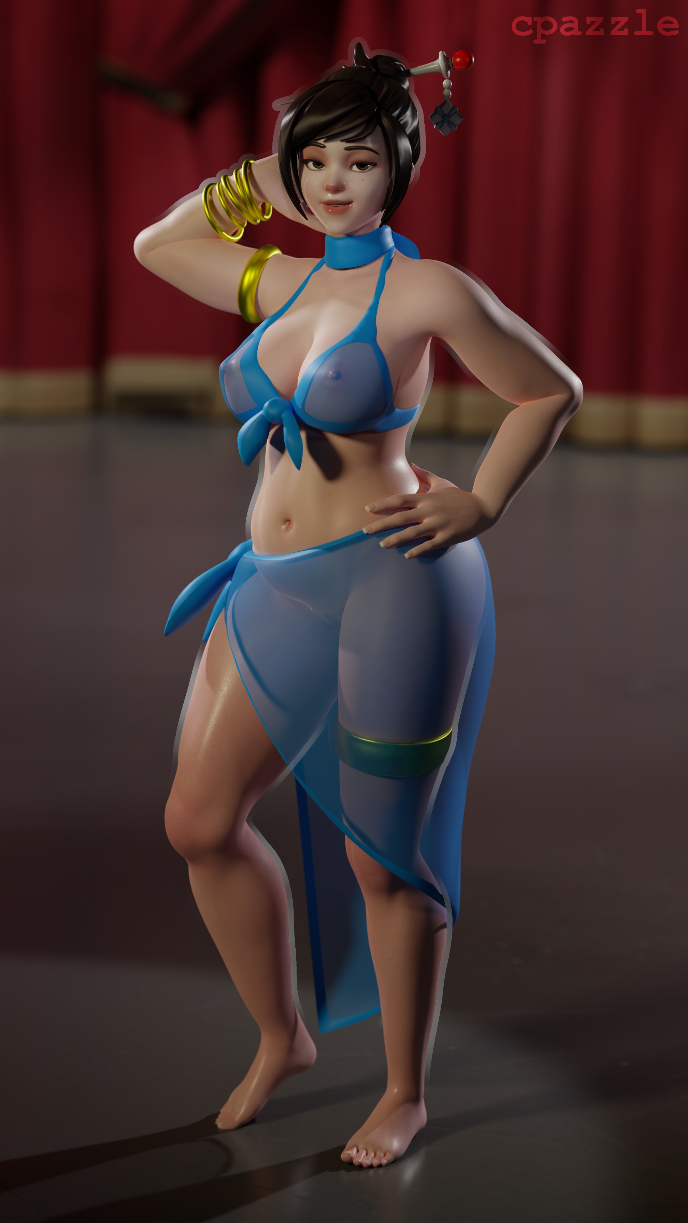 3d, areolae, armlet, barefoot, barely clothed, belly, belly dancer, big breasts, bracelets, breasts, brown hair, chubby, chubby female, curvy, dancer, dancing, exhibitionism, feet, female, french nails, gold jewelry, hair ornament, hairpin, half-closed eyes, hand on head, hand on hip, hips, jewelry, light skin, looking at viewer, makeup, mei (overwatch), navel, nipples, nipples visible through clothing, no panties, overwatch, overweight female, pazzle, posing, pussy, see-through clothing, solo, solo female, stage, standing, thighlet, vagina